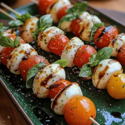 The Caprese salad, a staple of Italian cuisine, is known for its simplicity and vibrant flavors. Originating from the island of Capri, this classic dish showcases the beauty of fresh, high-quality ingredients that embody the essence of Italian cooking. Traditionally composed of ripe tomatoes, fresh mozzarella, and fragrant basil, the Caprese salad is a celebration of summer, evoking images of sun-drenched gardens and rustic Italian kitchens. It's no wonder that this beloved salad has inspired countless variations, including our delightful recipe for Cheesy Caprese Skewers with Balsamic Bliss.