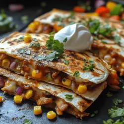 Zesty BBQ Chicken and Corn Quesadillas are a delightful fusion that brings together the smoky, tangy allure of barbecue chicken and the sweet crunch of corn, all enveloped in a crispy tortilla. This dish has gained immense popularity due to its vibrant flavors and comforting texture, making it an ideal choice for casual family dinners, festive gatherings, or even a quick weeknight meal. The combination of shredded chicken, zesty BBQ sauce, and gooey cheese creates a mouthwatering experience that appeals to both adults and children alike, ensuring that it becomes a staple in your recipe repertoire.