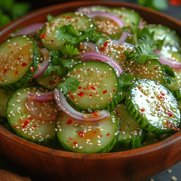 Creating the perfect dressing is crucial for achieving a balanced flavor profile in your Crunchy Sesame Cucumber Salad. Begin by gathering your ingredients for the dressing: soy sauce, rice vinegar, sesame oil, honey (or maple syrup for a vegan option), minced garlic, and a pinch of salt and pepper.