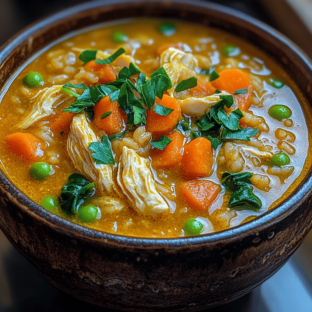 As the seasons change and the air turns crisp, there's nothing quite like the warmth of a bowl of soup to soothe the soul. The comforting nature of soups is universally recognized, especially during the colder months when a hearty meal can provide both warmth and nourishment. Among the myriad of soup recipes, <strong>Golden Chicken and Rice Soup</strong> stands out as a nourishing and flavorful dish that not only warms you up but also delights your taste buds.” /></p>
</p>
<p>Golden Chicken and Rice Soup is not just a meal; it’s a warm hug in a bowl that brings comfort and nourishment. With its rich flavors and health benefits, this soup is perfect for any season, especially during the chilly months. In this section, we will dive into the essential steps for preparing this delightful dish, tips for enhancing its flavor, and serving suggestions that will make it a centerpiece in your home.</p>
</p>
<h2>The Role of Spices in Flavor Development</h2>
</p>
<p>Spices are the heart of any great soup, and they play a crucial role in enhancing aroma and depth. In our Golden Chicken and Rice Soup, spices like turmeric, black pepper, and garlic powder not only add flavor but also contribute to the soup’s vibrant color and health benefits.</p>
</p>
<h3>Choosing Fresh Versus Dried Spices</h3>
</p>
<p>When it comes to spices, fresh is often best. Fresh spices can provide a more robust flavor, while dried spices offer convenience and a longer shelf life. If you have access to fresh herbs like parsley or thyme, they can elevate your soup to another level. However, if you opt for dried spices, make sure they are stored in a cool, dark place to maintain their potency.</p>
</p>
<h2>Preparing the Broth</h2>
</p>
<p>The broth is the backbone of your Golden Chicken and Rice Soup. The quality of the broth directly impacts the overall flavor of the dish.</p>
</p>
<h3>Importance of Using Quality Chicken Broth</h3>
</p>
<p>Using a high-quality chicken broth can significantly elevate your soup. Homemade broth is ideal because it’s packed with flavor and nutrients. If time is limited, look for low-sodium store-bought options. These can still provide rich flavor while allowing you to control the salt content.</p>
</p>
<h3>Alternative Broth Options</h3>
</p>
<p>If you’re looking for alternatives, vegetable broth or a combination of broth and water works well. For those with dietary restrictions, low-sodium and gluten-free broths are available. You can even experiment with bone broth for an added nutritional punch, as it’s rich in minerals and collagen.</p>
</p>
<h2>Cooking and Shredding the Chicken</h2>
</p>
<p>Next up is the chicken, which is the star ingredient of this soup. Cooking the chicken correctly is vital for ensuring tender, juicy meat.</p>
</p>
<h3>Best Practices for Cooking Chicken</h3>
</p>
<p>To achieve perfectly cooked chicken, consider poaching or simmering it in the broth as it cooks. This method infuses the chicken with flavor while keeping it moist. Aim for an internal temperature of 165°F (75°C). Avoid overcooking, as this can lead to dry chicken.</p>
</p>
<h3>Efficient Shredding Techniques</h3>
</p>
<p>Once the chicken is cooked, let it rest for a few minutes before shredding. This allows the juices to redistribute. Use two forks to pull the chicken apart, or if you prefer, you can use a stand mixer with a paddle attachment for quick shredding.</p>
</p>
<h2>Adding Rice and Peas</h2>
</p>
<p>Rice not only serves as a filling ingredient but also absorbs the flavors of the broth, enriching the soup.</p>
</p>
<h3>The Role of Rice in the Soup</h3>
</p>
<p>As the rice cooks, it thickens the soup and creates a creamy texture without the need for heavy creams. Opt for long-grain rice, as it holds up well during cooking and adds a pleasant bite.</p>
</p>
<h3>Benefits of Frozen Peas</h3>
</p>
<p>Adding frozen peas is a game-changer. They are convenient and packed with nutrients. Simply toss them in during the last few minutes of cooking. This not only enhances the soup’s color but also adds a sweet flavor and a pop of texture.</p>
</p>
<h2>Incorporating Spinach</h2>
</p>
<p>Spinach is a nutritional powerhouse that complements the flavors of Golden Chicken and Rice Soup beautifully.</p>
</p>
<h3>Nutritional Benefits of Spinach</h3>
</p>
<p>Rich in vitamins A, C, and K, spinach contributes to the overall health benefits of the soup. It also contains iron and antioxidants, which are essential for maintaining health.</p>
</p>
<h3>How to Properly Wilt Spinach</h3>
</p>
<p>To incorporate spinach, add it to the soup during the last few minutes of cooking. The residual heat will wilt the spinach without overcooking it, preserving its vibrant color and nutrients.</p>
</p>
<h2>Final Seasoning and Serving Suggestions</h2>
</p>
<p>Tasting and adjusting seasoning is crucial for achieving the perfect balance of flavors in your soup.</p>
</p>
<h3>Importance of Tasting and Adjusting Seasoning</h3>
</p>
<p>Before serving, taste your soup and adjust the seasoning as needed. You may want to add more salt, pepper, or even a squeeze of lemon for brightness.</p>
</p>
<h3>Presentation Tips for Serving Soup</h3>
</p>
<p>Serving your Golden Chicken and Rice Soup in appealing bowls can enhance the dining experience. Consider garnishing with fresh herbs, a drizzle of olive oil, or a sprinkle of lemon zest for a touch of elegance.</p>
</p>
<h2>Health Benefits of Golden Chicken and Rice Soup</h2>
</p>
<p>This soup is not only comforting but also packed with health benefits.</p>
</p>
<h3>Nutritional Profile Overview</h3>
</p>
<p>Golden Chicken and Rice Soup is a well-rounded meal that provides protein, vitamins, and hydration.</p>
</p>
<p>– <strong>Protein</strong>: The chicken offers a substantial amount of protein, essential for muscle repair and maintenance.</p>
<p>– <strong>Vitamins and Minerals</strong>: The vegetables contribute a range of vitamins and minerals, supporting overall health.</p>
<p>– <strong>Antioxidants</strong>: Ingredients like turmeric and lemon provide antioxidant properties, which can bolster your immune system.</p>
<p>– <strong>Hydration</strong>: The broth-based nature of the soup aids in hydration and warmth, making it ideal for cold weather.</p>
</p>
<h2>Conclusion</h2>
</p>
<p>In summary, Golden Chicken and Rice Soup is the epitome of comfort food that nourishes both body and soul. Its ease of preparation combined with the joy of sharing homemade meals makes it a perfect addition to your recipe rotation, especially during fall and winter. With its vibrant flavors, health benefits, and customizable nature, this soup is sure to become a beloved family favorite.</p>
</p>
<p>Encourage your loved ones to gather around the table and enjoy a warm bowl of this delightful soup. So, don’t hesitate; make this Golden Chicken and Rice Soup and experience the comfort and joy it brings to your home!</p>
</div>