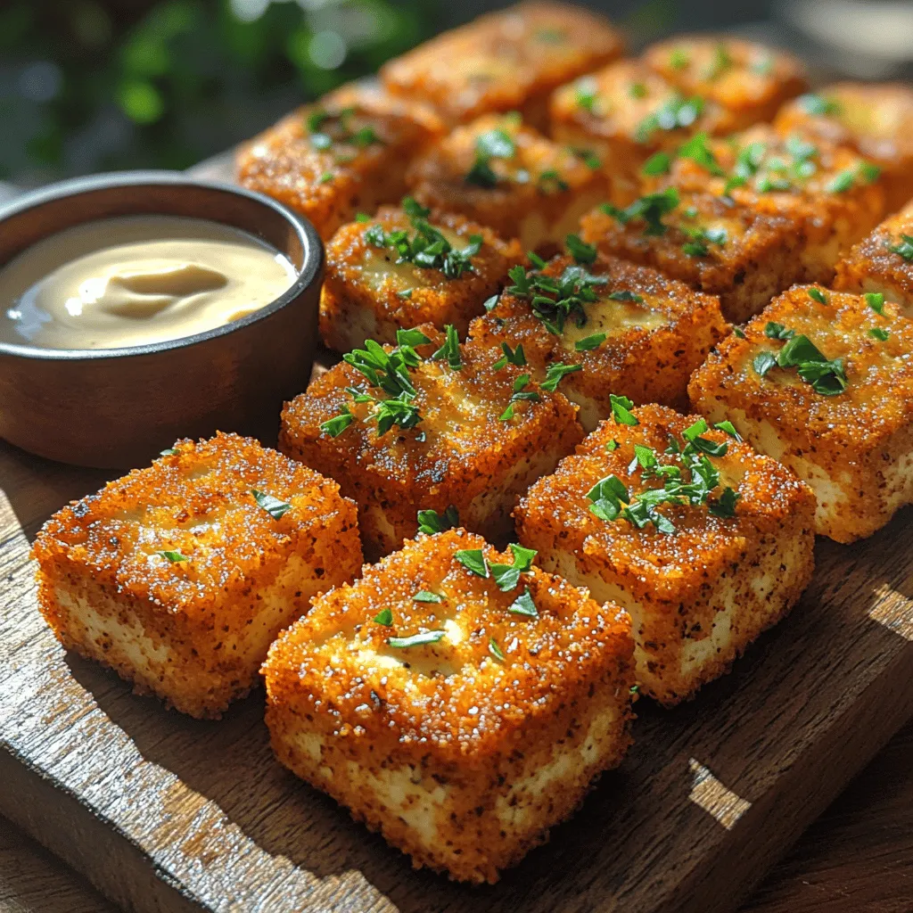 In the world of culinary delights, there’s something irresistibly satisfying about a crispy bite-sized snack. The <strong>Crunchy Pita Crusted Tofu Bites</strong> offer a delightful balance of texture and flavor, making them an ideal appetizer or a quick snack. As plant-based eating continues to gain traction, tofu has emerged as a versatile ingredient that appeals to a wide audience, from dedicated vegans to curious omnivores. These bites not only satisfy cravings for crunch but also deliver a nutritious punch, making them a guilt-free indulgence.” /></p>
</p>
<h2>Tips on How to Ensure the Crumbs Adhere Well to the Tofu</h2>
</p>
<p>Achieving the perfect adherence of crumbs to tofu is crucial for creating the ultimate crunchy bites. Here are some essential tips to ensure your crumbs stick like a charm:</p>
</p>
<p>1. <strong>Press the Tofu</strong>: Start by pressing the tofu to remove excess moisture. This step not only helps the crumbs stick better but also enhances the tofu’s texture. Use a tofu press or wrap the tofu block in a clean kitchen towel and place a heavy object on top for about 15-30 minutes.</p>
</p>
<p>2. <strong>Marinate for Flavor</strong>: Consider marinating the tofu in a flavorful liquid (like soy sauce, lemon juice, or your favorite seasoning mix) for at least 30 minutes. This not only infuses the tofu with flavor but also creates a slightly sticky surface for the crumbs to cling to.</p>
</p>
<p>3. <strong>Use a Dry Coating</strong>: Before dipping the tofu in wet ingredients, coat it lightly with flour or cornstarch. This step creates a barrier that helps the wet mixture adhere better, leading to a crispier texture.</p>
</p>
<p>4. <strong>Double-Dip Technique</strong>: For an extra crunch, use the double-dip method: dip the tofu in the wet mixture first, then coat it in crumbs, and repeat. This additional layer will ensure maximum crispiness.</p>
</p>
<h2>Breading the Tofu</h2>
</p>
<h3>Detailed Instructions on How to Coat Tofu for Maximum Crunch</h3>
</p>
<p><strong>Ingredients for Breading:</strong></p>
<p>– 1/2 cup all-purpose flour (or gluten-free flour)</p>
<p>– 1/2 cup almond or oat milk (or any plant-based milk)</p>
<p>– 1 teaspoon garlic powder</p>
<p>– 1 teaspoon onion powder</p>
<p>– 1 teaspoon paprika</p>
<p>– 1 cup crushed pita chips or breadcrumbs</p>
<p>– Salt and pepper to taste</p>
</p>
<p><strong>Step-by-Step Breading Process:</strong></p>
</p>
<p>1. <strong>Prepare Your Station</strong>: Set up a breading station with three shallow bowls. In the first bowl, place the flour mixed with salt, pepper, garlic powder, onion powder, and paprika. In the second bowl, pour your plant-based milk. In the third bowl, add the crushed pita chips or breadcrumbs.</p>
</p>
<p>2. <strong>Slice the Tofu</strong>: After pressing the tofu, slice it into bite-sized cubes or rectangular pieces, depending on your preference.</p>
</p>
<p>3. <strong>Coat the Tofu</strong>:</p>
<p>– Take a piece of tofu and first dredge it in the flour mixture, ensuring it’s fully coated.</p>
<p>– Next, dip it into the plant-based milk, allowing any excess to drip off.</p>
<p>– Finally, roll the tofu in the crushed pita chips, pressing gently to ensure an even coating.</p>
</p>
<p>4. <strong>Visual Cues for Knowing When the Tofu is Properly Coated</strong>: Look for an even layer of crumbs around each piece of tofu. The coating should cover the tofu completely, with no visible spots of the original tofu showing through.</p>
</p>
<h2>Cooking the Tofu Bites</h2>
</p>
<h3>Pan-Frying Techniques: Achieving the Perfect Golden Brown</h3>
</p>
<p>Once your tofu bites are breaded, it’s time to cook them to perfection. Follow these steps for pan-frying:</p>
</p>
<p>1. <strong>Heat the Oil</strong>: In a large skillet, heat enough oil (about 1/4 inch deep) over medium heat. You can use vegetable oil, canola oil, or any oil with a high smoke point. The oil should be hot but not smoking; a good test is to drop a small piece of the coating into the oil—if it sizzles, you’re ready to fry.</p>
</p>
<p>2. <strong>Fry the Tofu</strong>: Carefully place the breaded tofu bites in the skillet in a single layer, making sure not to overcrowd the pan. Fry them for about 3-4 minutes on each side until they are golden brown and crispy.</p>
</p>
<p>3. <strong>Adjusting Cooking Methods</strong>: If you have a stovetop setup, managing the heat is crucial. Adjust the temperature as needed to prevent burning. For those using an oven, you can achieve a similar effect by baking the tofu bites at 400°F (200°C) for about 20-25 minutes, flipping halfway through.</p>
</p>
<h3>Optional Baking Step</h3>
</p>
<p>While pan-frying gives a traditional crunch, an optional baking step can enhance texture and reduce oil usage:</p>
</p>
<p>1. <strong>Prepare for Baking</strong>: Preheat your oven to 400°F (200°C). Line a baking sheet with parchment paper for easy cleanup.</p>
</p>
<p>2. <strong>Arrange the Tofu</strong>: Place the breaded tofu bites on the baking sheet in a single layer, ensuring they are not touching.</p>
</p>
<p>3. <strong>Baking Benefits</strong>: Baking allows for a healthier option since it requires less oil. Plus, the hot air circulation can result in an evenly cooked and crispy exterior.</p>
</p>
<p>4. <strong>Temperature and Timing Suggestions</strong>: Bake for 20-25 minutes, flipping the tofu bites halfway through to ensure both sides are golden brown and crunchy.</p>
</p>
<h2>Serving Suggestions</h2>
</p>
<h3>Presentation Ideas for Serving the Tofu Bites</h3>
</p>
<p>Presentation can elevate your dish and make it more appealing. Here are some creative serving ideas:</p>
</p>
<p>– <strong>Serve in a Bowl</strong>: Arrange the tofu bites in a rustic bowl and sprinkle with fresh herbs like parsley or cilantro for a pop of color.</p>
</p>
<p>– <strong>Skewers</strong>: Thread the tofu bites onto skewers for a fun appetizer option, perfect for parties or gatherings.</p>
</p>
<p>– <strong>Garnish</strong>: Add slices of lemon or lime, or a sprinkle of sesame seeds to enhance the visual appeal and flavor profile.</p>
</p>
<h3>Suggested Dipping Sauces and Pairings to Enhance Flavor</h3>
</p>
<p>Complement your crunchy pita crusted tofu bites with a variety of dipping sauces:</p>
</p>
<p>– <strong>Tahini Sauce</strong>: A creamy tahini dressing adds a nutty flavor that pairs well with the crunchiness of the tofu.</p>
</p>
<p>– <strong>Spicy Sriracha Mayo</strong>: Combine vegan mayo with sriracha for a spicy kick, perfect for those who enjoy heat.</p>
</p>
<p>– <strong>Sweet Chili Sauce</strong>: This sauce provides a delightful sweetness that balances the savory tofu.</p>
</p>
<h3>Ideas for Incorporating the Bites into Meals or Parties</h3>
</p>
<p>These tofu bites are versatile and can be incorporated in various ways:</p>
</p>
<p>– <strong>As a Snack</strong>: Serve them as a standalone snack during movie nights or casual get-togethers.</p>
</p>
<p>– <strong>In a Salad</strong>: Toss the bites atop a fresh salad for added protein and crunch.</p>
</p>
<p>– <strong>Taco Filling</strong>: Use the tofu bites as a filling for tacos, adding fresh veggies, avocado, and your favorite salsa.</p>
</p>
<h2>Nutritional Information</h2>
</p>
<h3>Overview of the Health Benefits of the Dish</h3>
</p>
<p>Crunchy pita crusted tofu bites are not only delicious but also packed with health benefits:</p>
</p>
<p>– <strong>High in Protein</strong>: Tofu is a great source of plant-based protein, making these bites ideal for vegetarians and vegans.</p>
</p>
<p>– <strong>Low in Carbs</strong>: Compared to traditional fried snacks, these baked or pan-fried bites provide a healthier alternative with lower carbohydrate content.</p>
</p>
<p>– <strong>Rich in Nutrients</strong>: Tofu contains essential amino acids, iron, and calcium, contributing to a balanced diet.</p>
</p>
<h3>Caloric Breakdown per Serving and Essential Nutrients Provided</h3>
</p>
<p>– <strong>Caloric Breakdown</strong>: Each serving (approximately 4-6 tofu bites) contains around 150-200 calories, depending on the cooking method and portion size.</p>
</p>
<p>– <strong>Nutritional Highlights</strong>: Each serving offers approximately:</p>
<p>– Protein: 10-15g</p>
<p>– Carbohydrates: 15g</p>
<p>– Fat: 7-10g</p>
<p>– Fiber: 2g</p>
</p>
<h3>Comparison to Typical Fried Snacks and Their Health Implications</h3>
</p>
<p>Unlike typical fried snacks that can be high in unhealthy fats and empty calories, these crunchy tofu bites offer a nutritious alternative. By using pita chips as a crust, you provide more fiber and vitamins—making it a guilt-free indulgence without sacrificing taste.</p>
</p>
<h2>Conclusion</h2>
</p>
<p>In summary, Crunchy Pita Crusted Tofu Bites are a simple yet delicious snack that can be enjoyed in various ways. Whether served as an appetizer, a salad topping, or as part of a main dish, their versatility makes them a favorite among both vegetarian and non-vegetarian diners alike.</p>
</p>
<p>Don’t hesitate to experiment with different flavors and dips to find your perfect combination. The beauty of this recipe lies in its adaptability—swap out spices, try different sauces, or incorporate seasonal vegetables to keep your culinary creativity flowing.</p>
</p>
<p>These tofu bites not only satisfy your craving for crunch but also provide a healthier snacking option compared to traditional fried foods. So gather your ingredients, follow the steps, and enjoy the delightful crunch of these pita-crusted tofu bites at your next meal or gathering!</p>
</div>