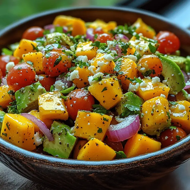 As the warm weather approaches, the craving for refreshing, vibrant dishes becomes undeniable. The Tangy Mango Avocado Salad stands out as a perfect option for those sunny gatherings, healthy lunches, or as a colorful side dish that complements a variety of meals. This salad is a celebration of flavors and textures, bringing together the creamy richness of avocados and the sweet, tropical essence of ripe mangoes. With its bright colors and zesty taste, it not only pleases the palate but also adds a cheerful touch to any dining table.
