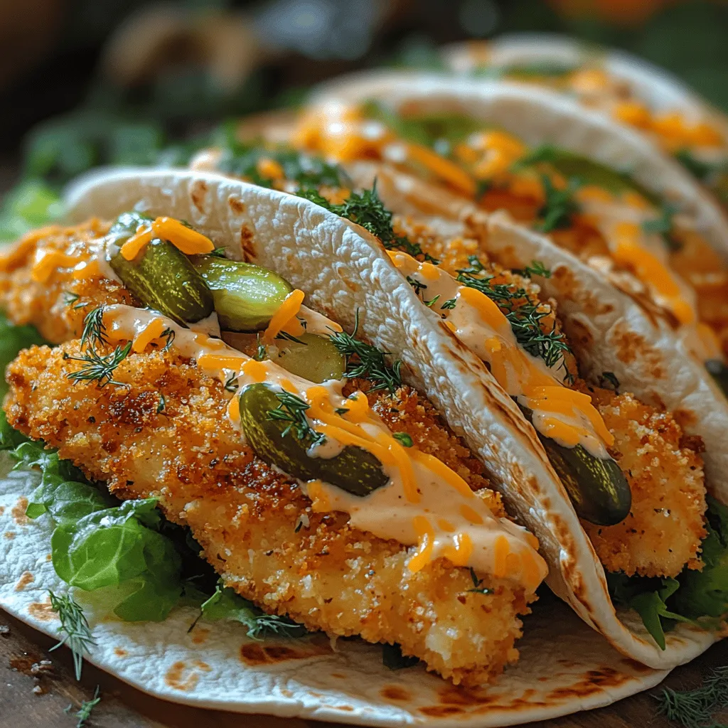 <strong>Introduction</strong>” /></p>
</p>
<h2>Baking the Chicken</h2>
</p>
<p>Baking the chicken is the crucial first step in creating your Crunchy Pickle Chicken Wraps. It ensures that the chicken is cooked evenly, resulting in a tender and flavorful filling. Preheat your oven to 400°F (200°C). This temperature is ideal for achieving a crispy exterior while keeping the inside juicy.</p>
</p>
<h3>Importance of Oven Temperature and Baking Time for Optimal Texture</h3>
</p>
<p>The temperature at which you bake the chicken plays a vital role in the final texture of your wraps. Baking at 400°F allows the chicken to cook quickly, sealing in moisture while creating a delightful crunch. Aim for a baking time of 20-25 minutes, depending on the thickness of your chicken pieces. Thinner cuts will cook faster, while thicker ones may need additional time.</p>
</p>
<h3>Signs to Look for to Ensure Chicken is Cooked Through</h3>
</p>
<p>To ensure your chicken is thoroughly cooked, use a meat thermometer to check the internal temperature. It should reach at least 165°F (75°C). If you don’t have a thermometer, look for juices that run clear when pierced with a fork. The chicken should also be opaque throughout with no pink remaining. Allow the chicken to rest for a few minutes after baking; this helps retain its juices and enhances flavor.</p>
</p>
<h2>Assembling the Wraps</h2>
</p>
<p>Now that your chicken is perfectly baked, it’s time to assemble your wraps. The way you layer the ingredients will significantly impact the flavor and texture of your final dish.</p>
</p>
<h3>Layering Ingredients for the Best Flavor and Texture</h3>
</p>
<p>Start with a warm tortilla as your base. This not only adds flavor but also helps in rolling the wrap more easily. Begin by placing a generous layer of fresh greens, such as spinach or romaine, on the tortilla. This will provide a crispiness that complements the crunchy pickles. Next, add a layer of the baked chicken, followed by a handful of crunchy pickles. The pickles add a zesty kick that balances the richness of the chicken.</p>
</p>
<p>For an extra layer of flavor, consider adding shredded cheese or a dollop of your favorite sauce before wrapping it all together. The sauce is not just an additional flavor; it helps to bind everything together, ensuring that each bite is bursting with flavor.</p>
</p>
<h3>Suggestions for Alternative Toppings or Variations</h3>
</p>
<p>Feel free to get creative with your toppings. Consider adding sliced tomatoes, diced red onions, or even sliced jalapeños for a spicy kick. You could also substitute the pickles for other crunchy vegetables like shredded carrots or cucumbers. Avocado slices can add a creamy texture, while different types of cheese can enhance the flavor profile.</p>
</p>
<h3>Importance of the Sauce in Tying Together the Flavors</h3>
</p>
<p>Choosing the right sauce can elevate your Crunchy Pickle Chicken Wraps to new heights. A tangy ranch dressing or a creamy garlic sauce pairs exceptionally well with the crunch of the pickles and the savory chicken. For a healthier option, a light vinaigrette or yogurt-based sauce can also work wonders. Make sure to drizzle enough sauce to coat the ingredients without making the wrap soggy.</p>
</p>
<h2>Rolling Techniques</h2>
</p>
<p>Rolling your wraps properly ensures that all the delicious fillings stay intact, making for a neat presentation and easier eating.</p>
</p>
<h3>Step-by-Step Guide on Rolling the Wraps Properly</h3>
</p>
<p>1. <strong>Prepare the Tortilla</strong>: Place your tortilla on a clean, flat surface. If it’s too stiff, warm it slightly in the microwave for about 10 seconds to make it pliable.</p>
</p>
<p>2. <strong>Add Ingredients</strong>: Layer your greens, chicken, pickles, toppings, and sauce in the center of the tortilla, leaving about 2 inches on each side.</p>
</p>
<p>3. <strong>Fold the Sides</strong>: Start by folding the left and right sides of the tortilla inward over the filling.</p>
</p>
<p>4. <strong>Roll from the Bottom</strong>: Begin rolling the tortilla from the bottom up, tucking the ingredients in as you go. Roll tightly but not so much that the filling spills out.</p>
</p>
<p>5. <strong>Seal the Wrap</strong>: Once rolled, you can use a toothpick to secure the wrap if necessary. Alternatively, you can place the seam side down on a plate to keep it closed.</p>
</p>
<h3>Tips for Keeping the Wraps Together During Serving</h3>
</p>
<p>To ensure your wraps hold together during serving, consider wrapping them in parchment paper or foil. This not only keeps everything intact but also adds a rustic touch to your presentation. If serving immediately, you can slice the wraps in half diagonally for a more appealing look.</p>
</p>
<h2>Serving Suggestions and Pairings</h2>
</p>
<p>Crunchy Pickle Chicken Wraps are versatile and can be served in various ways to enhance your meal experience.</p>
</p>
<h3>Ideas for Side Dishes that Complement the Wraps</h3>
</p>
<p>Pair your wraps with a light side salad, coleslaw, or sweet potato fries for a complete meal. A simple cucumber salad drizzled with vinegar can also provide a refreshing contrast to the savory wraps. For a more substantial side, consider serving potato wedges seasoned with herbs.</p>
</p>
<h3>Recommendations for Beverages that Pair Well with the Meal</h3>
</p>
<p>When it comes to beverages, a chilled lemonade or iced tea perfectly complements the flavors of the wraps. For adult gatherings, a light beer or a crisp white wine can also work well. If you’re looking for something non-alcoholic, sparkling water with a slice of lemon is a refreshing choice.</p>
</p>
<h3>Perfect Occasions for Serving Crunchy Pickle Chicken Wraps</h3>
</p>
<p>These wraps are ideal for a casual family dinner, a picnic, or even a potluck. They are easy to prepare in large quantities and can be made ahead of time, making them a convenient option for gatherings. Their appealing presentation and delicious flavors make them a crowd-pleaser for any occasion.</p>
</p>
<h2>Exploring Variations of Crunchy Pickle Chicken Wraps</h2>
</p>
<p>One of the best aspects of Crunchy Pickle Chicken Wraps is their adaptability. Here are some ways to customize the recipe to suit your preferences.</p>
</p>
<h3>Suggestions for Customizing the Recipe</h3>
</p>
<p>You can easily tweak this recipe by adding spices to the chicken before baking. Try incorporating garlic powder, paprika, or even a hint of cumin for added depth of flavor. If you’re looking for a different protein, consider using shredded rotisserie chicken or grilled shrimp for a seafood twist.</p>
</p>
<h3>Vegetarian or Vegan Alternatives for the Wrap</h3>
</p>
<p>For a vegetarian option, you can replace the chicken with grilled vegetables, chickpeas, or tofu marinated in your favorite flavors. For a vegan alternative, use plant-based proteins and ensure your sauce is dairy-free. This way, everyone can enjoy the Crunchy Pickle Wrap experience.</p>
</p>
<h3>Seasonal Variations to Adapt the Recipe Throughout the Year</h3>
</p>
<p>As the seasons change, so can your wrap ingredients. In the summer, use fresh herbs like basil or cilantro and substitute the pickles with fresh tomatoes or zucchini. In the fall, consider adding roasted butternut squash and spinach for a heartier wrap that reflects the season.</p>
</p>
<h2>Conclusion</h2>
</p>
<p>In summary, Crunchy Pickle Chicken Wraps offer a delightful, easy-to-make meal that combines flavor and texture in every bite. With their simple preparation and versatility, they’re perfect for busy weeknights, gatherings, or as a fun lunch option. We encourage you to try this recipe and enjoy the satisfying crunch and bold flavors it brings to your table.</p>
</p>
<p>Ultimately, cooking is about joy, creativity, and sharing meals with loved ones. So gather your ingredients, roll up your sleeves, and dive into the fun of making these wraps. You’ll find that not only do they taste incredible, but they also create lasting memories around the dinner table.</p>
</div>