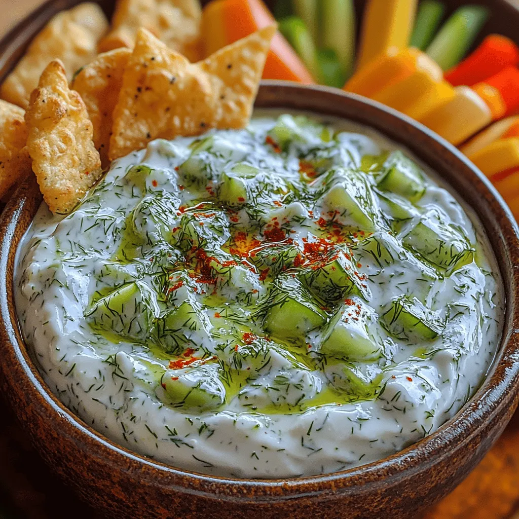 When the sun is shining and the temperatures start to rise, nothing quite beats the refreshing taste of a cool dip. The <strong>Refreshing Creamy Cucumber Dill Yogurt Dip</strong> perfectly encapsulates this seasonal joy, offering a light yet flavorful addition to any gathering. This dip is not just a tasty treat; it’s a healthy snack option that promotes well-being while tantalizing your taste buds. With the growing emphasis on nutritious eating, yogurt-based dips have gained popularity for their health benefits, making them a staple in modern diets.” /></p>
</p>
<h2>Final Seasoning: Tips for Achieving the Perfect Taste Balance</h2>
</p>
<p>To elevate your refreshing creamy cucumber dill yogurt dip, achieving the perfect balance of flavors is essential. Start by tasting your dip after mixing in the basic ingredients. From there, consider these tips for final seasoning adjustments:</p>
</p>
<p>1. <strong>Salt and Pepper</strong>: Season gradually, starting with a pinch of salt and a dash of black pepper. Taste as you go to avoid over-salting. A good rule of thumb is to add no more than 1/4 teaspoon of salt at a time.</p>
</p>
<p>2. <strong>Acidity</strong>: If the dip tastes flat, a squeeze of fresh lemon juice can brighten it up. The acidity will enhance the flavors of the yogurt and cucumber, making the dip more vibrant. Start with half a teaspoon and adjust to taste.</p>
</p>
<p>3. <strong>Herbal Freshness</strong>: If you desire a more pronounced dill flavor, feel free to add a bit more fresh dill or a sprinkle of dried dill. Additionally, a pinch of garlic powder or fresh minced garlic can add depth, but use sparingly to avoid overpowering the other flavors.</p>
</p>
<p>4. <strong>Sweetness</strong>: Sometimes, a touch of sweetness can balance the tanginess of yogurt. A small drizzle of honey or agave syrup can provide that needed contrast without making the dip overly sweet.</p>
</p>
<p>5. <strong>Texture</strong>: Depending on your preference, you may want to adjust the consistency of the dip. If it’s too thick, stir in a little more Greek yogurt or a splash of milk to reach your desired creaminess.</p>
</p>
<h2>Serving Suggestions</h2>
</p>
<h3>Best Dippers for the Yogurt Dip</h3>
</p>
<p>When it comes to serving your creamy cucumber dill yogurt dip, the options for dippers are plentiful, offering a variety of textures and flavors that complement the dip beautifully.</p>
</p>
<h4>Pita Chips: Their Texture and Flavor Compatibility</h4>
</p>
<p>Pita chips are an excellent choice for dipping due to their crunchy texture and subtle flavor. Their lightness allows the creamy dip to shine through without being overpowering. You can even warm the pita chips in the oven for a few minutes for an extra crunch. Consider sprinkling them with a bit of sea salt or paprika before serving to add an additional layer of flavor.</p>
</p>
<h4>Fresh Vegetable Sticks: Nutritional Benefits and Presentation Ideas</h4>
</p>
<p>Fresh vegetable sticks are not only colorful and appealing but also packed with nutrients. Carrots, celery, bell peppers, and cucumbers are ideal for dipping. They provide a satisfying crunch and are low in calories, making them a perfect pairing for your yogurt dip. Create a vibrant vegetable platter by arranging the sticks artfully on a large plate, perhaps garnished with a sprig of dill for an added touch of freshness.</p>
</p>
<h4>Use as a Sandwich Spread: Creative Ideas for Incorporating the Dip into Meals</h4>
</p>
<p>This dip can also serve as a delightful sandwich spread, adding a creamy, tangy kick to your favorite sandwiches. Spread it on wraps or sandwiches filled with turkey, grilled chicken, or roasted vegetables for an extra layer of flavor. It can also be used to enhance a simple veggie sandwich, providing moisture and richness without the need for mayonnaise.</p>
</p>
<h2>Health Benefits of the Creamy Cucumber Dill Yogurt Dip</h2>
</p>
<h3>Nutritional Analysis of the Dip Per Serving</h3>
</p>
<p>Each serving of creamy cucumber dill yogurt dip is not only delicious but also packs a nutritious punch. Here’s a general breakdown of the nutritional components per serving (approximately 2 tablespoons):</p>
</p>
<p>– <strong>Calories</strong>: 50</p>
<p>– <strong>Fat</strong>: 2g (primarily from yogurt)</p>
<p>– <strong>Carbohydrates</strong>: 5g</p>
<p>– <strong>Fiber</strong>: 1g</p>
<p>– <strong>Protein</strong>: 3g</p>
<p>– <strong>Calcium</strong>: 5% of your daily value</p>
</p>
<p>This analysis shows that the dip is a low-calorie option rich in protein and calcium, making it a great choice for a snack or accompaniment to meals.</p>
</p>
<h3>Health Benefits of Incorporating Yogurt and Fresh Vegetables into Your Diet</h3>
</p>
<p>Yogurt, particularly Greek yogurt, is a fantastic source of probiotics, which promote gut health and aid digestion. It’s also rich in protein, helping to keep you full and satisfied longer. The fresh cucumbers add hydration and are low in calories, making them an excellent vegetable choice for snacking.</p>
</p>
<p>Moreover, the herbs like dill not only enhance flavor but also provide antioxidants and essential nutrients. Including fresh vegetables in your diet contributes to your daily intake of vitamins and minerals, supporting overall health.</p>
</p>
<h3>The Role of Healthy Snacks in Weight Management and Overall Health</h3>
</p>
<p>Incorporating healthy snacks like this creamy cucumber dill yogurt dip into your diet can significantly impact your well-being. Healthy snacks can help manage hunger between meals, prevent overeating, and provide essential nutrients your body needs. Choosing snacks that are low in calories but high in protein and fiber can help maintain a healthy weight and support your energy levels throughout the day.</p>
</p>
<h2>Versatility of the Dip</h2>
</p>
<h3>Different Occasions to Serve the Dip</h3>
</p>
<p>The creamy cucumber dill yogurt dip is incredibly versatile and suitable for various occasions.</p>
</p>
<h4>Parties and Gatherings: How It Serves as a Crowd-Pleaser</h4>
</p>
<p>This dip is a crowd-pleaser at parties and gatherings, perfect for entertaining guests. Its refreshing flavor and creamy texture make it an appealing appetizer. Serve it in a large bowl surrounded by a variety of dippers like pita chips and fresh veggies, and watch it disappear quickly.</p>
</p>
<h4>Meal Prep: Using the Dip as Part of a Balanced Meal</h4>
</p>
<p>For those who meal prep, this dip can be a convenient addition to your weekly meals. Pack it with your lunch as a healthy snack or use it as a side with grilled chicken or fish. It can also be paired with whole-grain crackers for a satisfying afternoon pick-me-up.</p>
</p>
<h4>Customization Options: Ideas for Adding Other Ingredients or Variations</h4>
</p>
<p>The beauty of this dip lies in its flexibility. Feel free to customize the recipe by adding other ingredients. For instance, mixing in diced avocado can create a creamier texture and add healthy fats. You can also experiment with different herbs such as mint or parsley for a unique twist. Adding finely chopped olives or sun-dried tomatoes can introduce a savory depth of flavor. The options are endless!</p>
</p>
<h2>Conclusion</h2>
</p>
<p>In summary, the refreshing creamy cucumber dill yogurt dip is not only a delicious addition to your snack repertoire but also a healthful choice that can enhance your eating habits. With its crisp flavors and creamy texture, it serves as an ideal accompaniment to a myriad of dippers, making it perfect for gatherings, meal prep, or just a healthy snack anytime.</p>
</p>
<p>By incorporating this easy recipe into your diet, you can enjoy the benefits of yogurt and fresh vegetables while indulging in a homemade dip that brings joy to your meals. Homemade dips like this one not only elevate your dining experience but also allow you to control the ingredients, ensuring you’re providing your body with nutritious options. Embrace the joy of creating your own snacks and enhance your healthy eating habits with this refreshing dip!</p>
</div>