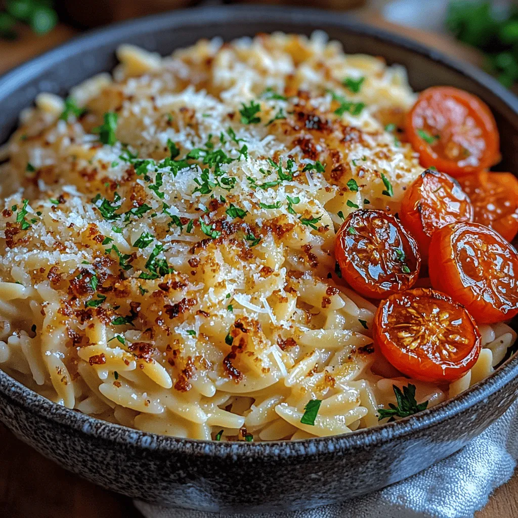 Imagine a plate of orzo drenched in a creamy sauce infused with the deep, complex flavors of roasted garlic. The first bite reveals a luscious texture that coats each grain of pasta, creating a satisfying and indulgent experience. With every forkful, the richness of the sauce is complemented by the subtle sweetness of the roasted garlic, resulting in a dish that is both comforting and sophisticated.