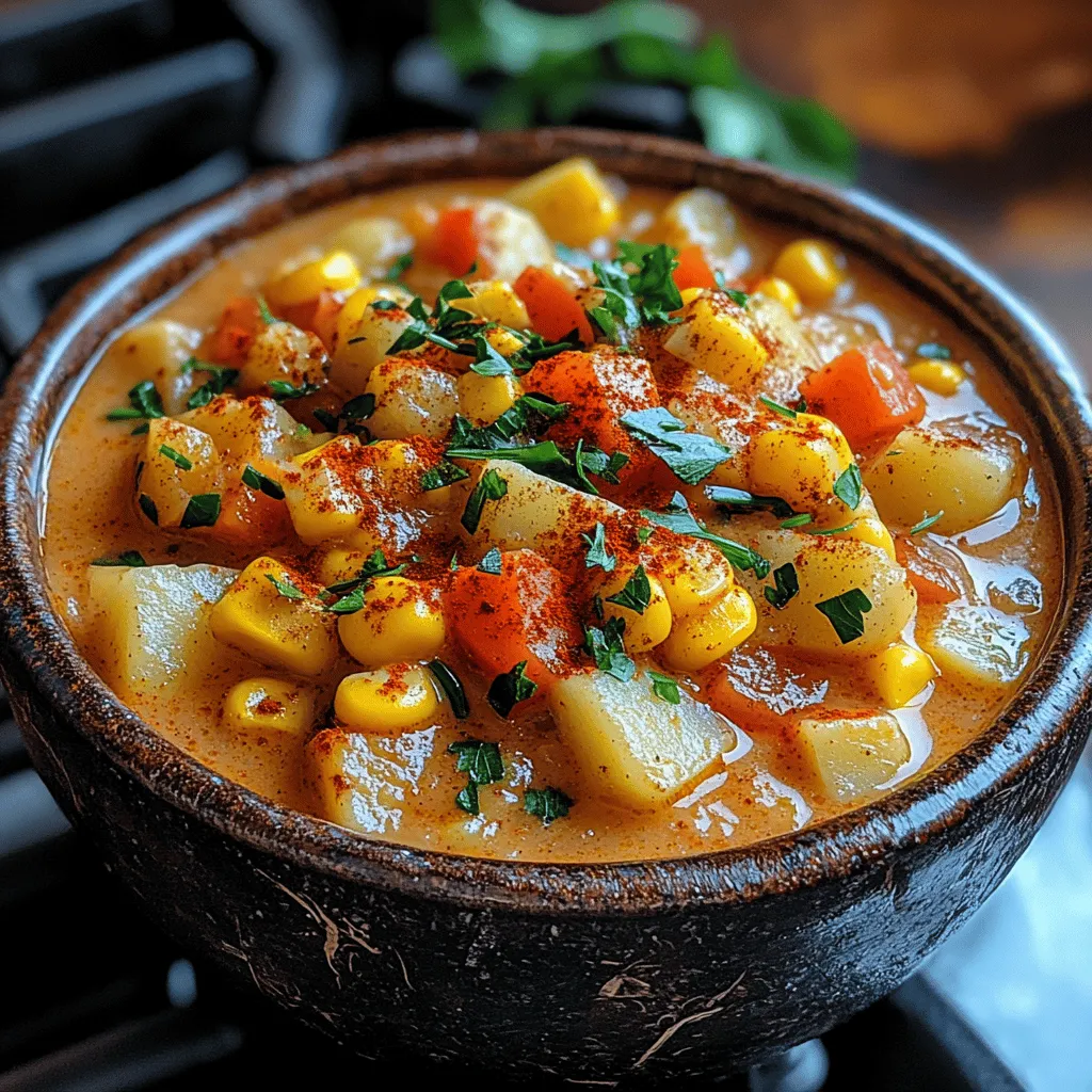 As the seasons shift and the air turns crisp, nothing comforts the soul quite like a warm bowl of chowder. The rich, creamy texture combined with wholesome ingredients makes chowder a favorite in many households. Among the myriad of chowder variations, <strong>Smoky Paprika Sweet Corn Chowder</strong> stands out, not only for its vibrant flavors but also for its ability to evoke the warmth of home cooking. This recipe celebrates the sweet, succulent taste of corn, enhanced by the earthy smokiness of paprika, creating a dish that is both hearty and satisfying.” /></p>
</p>
<h3>Garnishing Ideas for Presentation</h3>
</p>
<p>Presentation can elevate any dish, and Smoky Paprika Sweet Corn Chowder is no exception. A well-garnished chowder not only looks appealing but also enhances the overall dining experience. Here are some creative garnishing ideas to consider:</p>
</p>
<p>1. <strong>Fresh Herbs</strong>: Sprinkle chopped fresh cilantro, parsley, or chives on top just before serving. Their vibrant green color adds a fresh touch and a burst of flavor.</p>
</p>
<p>2. <strong>Crispy Toppings</strong>: Consider adding crispy bacon or pancetta bits for those who enjoy a meaty contrast. For a vegetarian option, crispy shallots or fried corn kernels can add crunch and texture.</p>
</p>
<p>3. <strong>Creamy Swirls</strong>: Drizzle a bit of sour cream or Greek yogurt on top for a creamy finish. You can also use a plant-based yogurt for a vegan version.</p>
</p>
<p>4. <strong>Paprika Dust</strong>: A light dusting of smoked paprika can reinforce the flavor profile while adding a beautiful reddish hue to the chowder.</p>
</p>
<p>5. <strong>Lime Wedges</strong>: Serve with lime wedges on the side. A squeeze of fresh lime can brighten the flavors and add a zesty kick.</p>
</p>
<h3>Pairing Suggestions: What to Serve with Your Dish</h3>
</p>
<p>Pairing your Smoky Paprika Sweet Corn Chowder with the right accompaniments can enhance the meal and create a more satisfying dining experience. Here are some ideas:</p>
</p>
<p>– <strong>Bread</strong>: Serve with crusty bread or warm dinner rolls for dipping. They complement the chowder perfectly, soaking up the rich flavors.</p>
</p>
<p>– <strong>Salads</strong>: A light mixed green salad with a citrus vinaigrette can balance the richness of the chowder. The freshness of the salad provides a nice contrast.</p>
</p>
<p>– <strong>Grilled Protein</strong>: For those looking for a heartier meal, grilled chicken, shrimp, or fish can be excellent additions. The smoky flavors in the chowder will pair beautifully with grilled meats.</p>
</p>
<p>– <strong>Cheese</strong>: A sprinkle of crumbled feta or goat cheese on top of the chowder can add a tangy creaminess that elevates the dish.</p>
</p>
<h3>Serving Suggestions</h3>
</p>
<h4>Ideal Serving Sizes and Portions</h4>
</p>
<p>When serving Smoky Paprika Sweet Corn Chowder, portion sizes can vary based on whether it is served as a main dish or a starter. Generally, a serving size of about 1 to 1.5 cups per person is ideal for a main course. If served as a starter, ½ to 1 cup is sufficient. This allows guests to enjoy the chowder without overwhelming their appetites before the main course.</p>
</p>
<h4>Creative Plating Ideas</h4>
</p>
<p>Plating can turn a simple dish into a culinary masterpiece. Here are some creative ideas for plating your chowder:</p>
</p>
<p>– <strong>Layering</strong>: In a shallow bowl, create layers by pouring the chowder first and then adding garnishes on top. This creates depth and texture.</p>
</p>
<p>– <strong>Use of Bowls</strong>: Consider using rustic bowls or even hollowed-out vegetables (like small pumpkins or bread bowls) for a unique presentation.</p>
</p>
<p>– <strong>Garnish Placement</strong>: Arrange garnishes off-center for a modern look, or add them in a circular pattern around the edge of the bowl for an eye-catching design.</p>
</p>
<h3>Making It a Full Meal: Side Dishes and Drinks</h3>
</p>
<p>To create a complete and satisfying meal, consider the following side dishes and drink options that pair well with Smoky Paprika Sweet Corn Chowder:</p>
</p>
<p>– <strong>Side Dishes</strong>:</p>
<p>– <strong>Roasted Vegetables</strong>: A medley of roasted seasonal vegetables can provide a nutritious and colorful side.</p>
<p>– <strong>Quinoa Salad</strong>: A refreshing quinoa salad with cucumbers, tomatoes, and feta can add a healthy grain option.</p>
</p>
<p>– <strong>Drinks</strong>:</p>
<p>– <strong>Wine Pairings</strong>: A chilled white wine, such as Sauvignon Blanc or a light Pinot Grigio, complements the chowder’s flavors beautifully.</p>
<p>– <strong>Craft Beer</strong>: A light lager or a wheat beer can enhance the smoky notes in the chowder while cleansing the palate.</p>
<p>– <strong>Non-Alcoholic Options</strong>: Sparkling water with a splash of citrus or a homemade lemonade can refresh and balance the meal.</p>
</p>
<h3>Storage Tips for Leftovers</h3>
</p>
<p>Storing any leftovers correctly ensures you can enjoy your Smoky Paprika Sweet Corn Chowder later without compromising flavor or safety. Here are some tips:</p>
</p>
<p>– <strong>Cooling</strong>: Allow the chowder to cool to room temperature before transferring it to storage containers. This helps prevent condensation, which can dilute the chowder’s flavor.</p>
</p>
<p>– <strong>Containers</strong>: Use airtight containers to store leftovers. Glass containers are a great option as they are durable and do not retain odors.</p>
</p>
<p>– <strong>Refrigeration</strong>: The chowder can be stored in the refrigerator for up to 3-4 days.</p>
</p>
<p>– <strong>Freezing</strong>: For longer storage, consider freezing the chowder. It keeps well for about 3 months in the freezer. Just be sure to leave space in the container for expansion as it freezes.</p>
</p>
<p>– <strong>Reheating</strong>: When reheating, do so gently on the stovetop or in the microwave. If the chowder appears too thick after freezing, add a splash of vegetable broth or water to reach your desired consistency.</p>
</p>
<h3>Nutritional Information</h3>
</p>
<h4>Caloric Breakdown of the Recipe</h4>
</p>
<p>Understanding the nutritional profile of your Smoky Paprika Sweet Corn Chowder can help you make informed choices. Here is a general breakdown for one serving (approximately 1 cup):</p>
</p>
<p>– <strong>Calories</strong>: 250-300 (depending on specific ingredients)</p>
<p>– <strong>Carbohydrates</strong>: 40g</p>
<p>– <strong>Protein</strong>: 6g</p>
<p>– <strong>Fat</strong>: 7g</p>
<p>– <strong>Fiber</strong>: 5g</p>
</p>
<p>This makes the chowder a hearty yet wholesome option, rich in flavor and nutrients.</p>
</p>
<h4>Understanding Nutritional Benefits</h4>
</p>
<p>The ingredients in this chowder offer a range of health benefits:</p>
</p>
<p>– <strong>Sweet Corn</strong>: Provides vitamins A and C, folate, and antioxidants.</p>
<p>– <strong>Potatoes</strong>: A great source of potassium and fiber.</p>
<p>– <strong>Bell Peppers</strong>: Rich in antioxidants and vitamins, especially vitamin C.</p>
</p>
<p>The combination of these ingredients makes the chowder not only delicious but also nourishing.</p>
</p>
<h4>How This Recipe Fits into a Balanced Diet</h4>
</p>
<p>This Smoky Paprika Sweet Corn Chowder can easily fit into a balanced diet. It offers a good mix of carbohydrates, fiber, and essential nutrients, making it suitable for a variety of dietary needs. Pairing it with lean proteins and salads can enhance its nutritional value even further.</p>
</p>
<h4>Modifications for Dietary Restrictions</h4>
</p>
<p>If you or your guests have dietary restrictions, consider these modifications:</p>
</p>
<p>– <strong>Gluten-Free</strong>: Ensure that any broth used is gluten-free. This chowder is naturally gluten-free as long as the right ingredients are chosen.</p>
</p>
<p>– <strong>Vegan</strong>: Substitute any dairy ingredients (like butter and cream) with plant-based alternatives such as coconut milk or almond milk.</p>
</p>
<p>– <strong>Low-Sodium</strong>: Use low-sodium broth and omit any added salt to reduce sodium intake.</p>
</p>
<h3>Cultural Context and Variations</h3>
</p>
<h4>Exploring the Origin of the Recipe</h4>
</p>
<p>Chowder has a rich history, often associated with coastal regions where seafood is plentiful. The origins of corn chowder can be traced back to Native American cuisine, where corn was a staple. Corn chowder has evolved, incorporating various regional flavors and ingredients.</p>
</p>
<h4>Regional Variations and Influences</h4>
</p>
<p>Different regions have their own takes on chowder. For instance:</p>
</p>
<p>– <strong>New England Clam Chowder</strong> features clams and is creamy, while</p>
<p>– <strong>Manhattan Clam Chowder</strong> uses tomatoes for a broth-based version.</p>
</p>
<p>Our Smoky Paprika Sweet Corn Chowder stands out with its blend of corn and smoky spices, reflecting a fusion of flavors influenced by both traditional and modern cooking styles.</p>
</p>
<h4>How Different Cultures Prepare This Dish</h4>
</p>
<p>Globally, corn is celebrated in numerous dishes, each with a unique twist. In Mexico, for example, you may find a version flavored with jalapeños and lime, while in South America, it might be prepared with beans and spices for a heartier meal. These variations highlight the versatility of corn as a primary ingredient.</p>
</p>
<h4>Adapting the Recipe for Different Dietary Needs</h4>
</p>
<p>This chowder can be easily adapted to cater to various dietary needs, making it an inclusive dish. By swapping out ingredients, you can ensure that everyone at the table can enjoy a bowl.</p>
</p>
<h3>Conclusion</h3>
</p>
<p>In summary, Smoky Paprika Sweet Corn Chowder is a flavorful and versatile dish that celebrates the natural sweetness of corn while incorporating smoky undertones for a delightful twist. Whether served as a main course or as a starter, its appeal lies in its rich flavors and comforting texture.</p>
</p>
<p>Cooking at home allows you to experiment with ingredients and techniques, encouraging creativity in the kitchen. Don’t hesitate to try different garnishes, side dishes, and drinks to make this chowder your own.</p>
</p>
<p>Ultimately, cooking and sharing food brings people together, creating memories that linger long after the last bite. So gather your loved ones, serve up a warm bowl of chowder, and enjoy the simple joy of sharing a meal.</p>
</div>