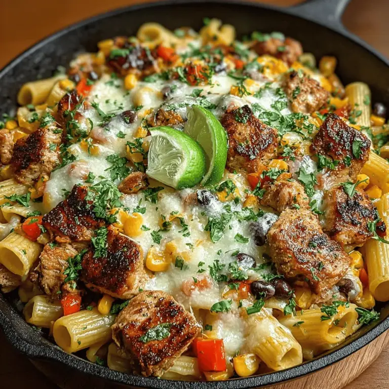 The Creamy Southwest Chicken Pasta Skillet is a delightful fusion dish that combines the comforting essence of pasta with the vibrant flavors typical of Southwest cuisine. This one-pan meal is perfect for busy weeknights, offering a quick and satisfying dinner solution without compromising on taste or nutrition. The dish is characterized by its creamy sauce, tender chicken, and a colorful medley of vegetables, making it not only a feast for the palate but also visually appealing.