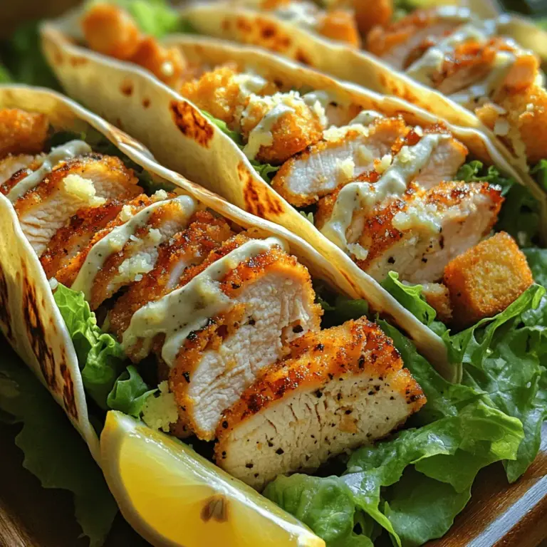 Crispy Chicken Caesar Wraps are a delightful fusion of flavors that encapsulate the classic Caesar salad in a handheld format. This modern take on a traditional dish brings together tender, juicy chicken, crunchy romaine lettuce, creamy Caesar dressing, and savory Parmesan cheese, all neatly wrapped in a tortilla. Not only are these wraps an excellent choice for a quick lunch, a satisfying dinner, or a picnic treat, but they also offer a perfect balance of textures and flavors that will please any palate. The combination of crispy chicken and fresh greens creates an enticing meal that is both comforting and refreshing.