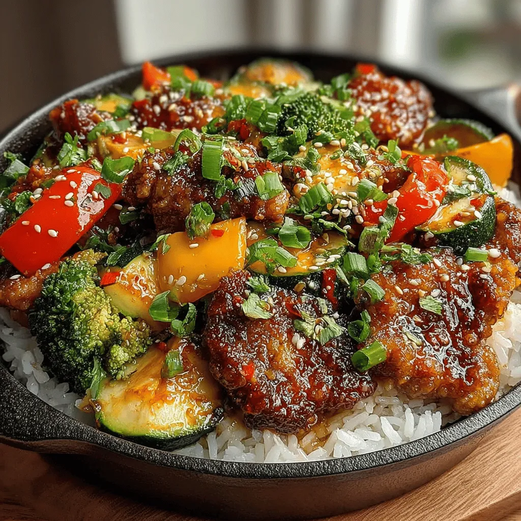 Before diving into the stir fry, it’s essential to prepare the chicken properly. Start with <strong>1 pound of boneless, skinless chicken breasts</strong>. To enhance the flavor and tenderness, marinate the chicken for at least <strong>30 minutes</strong>.” /></p>
</p>
<h2>Detailed Cooking Instructions for Each Step</h2>
</p>
<h3>Preparing the Chicken: Marinating Tips and Techniques</h3>
</p>
<p>Before diving into the stir fry, it’s essential to prepare the chicken properly. Start with <strong>1 pound of boneless, skinless chicken breasts</strong>. To enhance the flavor and tenderness, marinate the chicken for at least <strong>30 minutes</strong>.</p>
</p>
<p>1. <strong>Cut the Chicken</strong>: Slice the chicken into thin strips, approximately 1 inch wide. This allows for even cooking and better absorption of the marinade.</p>
<p>2. <strong>Make the Marinade</strong>: In a bowl, combine <strong>3 tablespoons of soy sauce</strong>, <strong>1 tablespoon of sesame oil</strong>, <strong>1 tablespoon of cornstarch</strong>, and <strong>1 tablespoon of sweet chili sauce</strong>. The cornstarch helps to create a crispy texture while cooking.</p>
<p>3. <strong>Marinate</strong>: Add the chicken strips to the marinade, ensuring each piece is well coated. Cover the bowl with plastic wrap and refrigerate for at least <strong>30 minutes</strong>. If you have more time, marinate for up to <strong>2 hours</strong> for deeper flavor.</p>
</p>
<h3>Heating the Pan: Achieving the Right Temperature for Stir Frying</h3>
</p>
<p>Getting the pan hot enough is crucial for a successful stir fry.</p>
</p>
<p>1. <strong>Choose the Right Pan</strong>: A wok is ideal, but a large skillet can work as well.</p>
<p>2. <strong>Heat the Pan</strong>: Place the pan over medium-high heat and add <strong>2 tablespoons of vegetable oil</strong>. Allow the oil to heat until it shimmers, which indicates it’s hot enough for cooking.</p>
<p>3. <strong>Test the Temperature</strong>: To ensure the oil is ready, drop a small piece of chicken into the pan. If it sizzles immediately, the temperature is just right.</p>
</p>
<h3>Sautéing Vegetables: Ensuring the Perfect Texture</h3>
</p>
<p>While the chicken is marinating, prepare your vegetables.</p>
</p>
<p>1. <strong>Choose Your Veggies</strong>: For this stir fry, you can use <strong>bell peppers (red and green)</strong>, <strong>broccoli</strong>, and <strong>snap peas</strong>. Aim for about <strong>2 cups</strong> of mixed vegetables, chopped into bite-sized pieces.</p>
<p>2. <strong>Cook the Vegetables</strong>: Once the oil is hot, add the vegetables to the pan. Stir-fry for about <strong>3-4 minutes</strong> until they are vibrant and just tender. They should still have a slight crunch for the best texture.</p>
<p>3. <strong>Remove and Set Aside</strong>: Once cooked, transfer the vegetables to a plate and set aside. This prevents overcooking them while you finish the chicken.</p>
</p>
<h3>Combining Ingredients: How to Achieve a Harmonious Blend of Flavors</h3>
</p>
<p>Now it’s time to cook the chicken and combine it with the vegetables.</p>
</p>
<p>1. <strong>Cook the Chicken</strong>: Add the marinated chicken strips to the hot pan in a single layer. Cook for <strong>5-7 minutes</strong>, turning occasionally until the chicken is cooked through and has a nice golden color.</p>
<p>2. <strong>Add the Vegetables Back</strong>: Once the chicken is nearly done, return the sautéed vegetables to the pan. Stir well to combine.</p>
<p>3. <strong>Incorporate the Sauce</strong>: Pour in an additional <strong>2 tablespoons of sweet chili sauce</strong> and <strong>1 tablespoon of soy sauce</strong>. Stir everything together to ensure the chicken and vegetables are evenly coated with the sauce.</p>
</p>
<h3>Thickening the Sauce: Achieving the Desired Consistency</h3>
</p>
<p>To achieve a silky and well-coated stir fry, you’ll want to thicken the sauce.</p>
</p>
<p>1. <strong>Thicken with Cornstarch</strong>: In a small bowl, mix <strong>1 teaspoon of cornstarch</strong> with <strong>2 tablespoons of water</strong>. Stir this mixture into the pan.</p>
<p>2. <strong>Cook Until Thickened</strong>: Continue cooking for another <strong>1-2 minutes</strong>, stirring constantly. The sauce should thicken and cling to the chicken and vegetables, creating a glossy finish.</p>
</p>
<h2>Serving Suggestions</h2>
</p>
<h3>Creative Ideas for Serving the Stir Fry</h3>
</p>
<p>This Sweet Chili Chicken Stir Fry can be served in several delightful ways:</p>
</p>
<p>– <strong>Over Rice</strong>: Serve the stir fry over a bed of fluffy jasmine or brown rice. The rice absorbs the sauce, making each bite flavorful.</p>
<p>– <strong>With Noodles</strong>: Alternatively, toss the stir fry with cooked rice noodles or soba noodles for a different texture and experience.</p>
<p>– <strong>In Lettuce Wraps</strong>: For a low-carb option, serve the stir fry in crisp lettuce leaves, allowing everyone to create their own wraps.</p>
</p>
<h3>Suggestions for Garnishing to Enhance Presentation</h3>
</p>
<p>Garnishing can elevate the presentation of your dish:</p>
</p>
<p>– <strong>Chopped Green Onions</strong>: Sprinkle finely chopped green onions on top for a pop of color and freshness.</p>
<p>– <strong>Sesame Seeds</strong>: Toasted sesame seeds add a nice crunch and nutty flavor.</p>
<p>– <strong>Fresh Cilantro</strong>: A sprinkle of fresh cilantro can add an aromatic touch.</p>
</p>
<h3>Pairing Recommendations: Complementary Side Dishes or Drinks</h3>
</p>
<p>To complement your stir fry, consider these pairing options:</p>
</p>
<p>– <strong>Side Dishes</strong>: Serve with a side of steamed edamame or a light cucumber salad dressed in rice vinegar.</p>
<p>– <strong>Beverages</strong>: Pair with a chilled glass of white wine, such as Sauvignon Blanc, or a refreshing iced tea.</p>
</p>
<h2>Nutritional Information</h2>
</p>
<h3>Breakdown of Calories and Nutritional Value per Serving</h3>
</p>
<p>This Sweet Chili Chicken Stir Fry is not only delicious but also nutritious. Here’s a breakdown:</p>
</p>
<p>– <strong>Calories</strong>: Approximately 320 calories per serving (based on 4 servings).</p>
<p>– <strong>Protein</strong>: 25g, providing a significant protein source from the chicken.</p>
<p>– <strong>Carbohydrates</strong>: 28g, primarily from vegetables and any rice or noodles served.</p>
<p>– <strong>Fats</strong>: 10g, mainly from the cooking oil and sesame oil.</p>
</p>
<h3>Discussion on the Health Benefits of the Dish</h3>
</p>
<p>This dish is packed with health benefits:</p>
</p>
<p>– <strong>High Protein Content</strong>: The chicken provides essential amino acids necessary for muscle growth and repair.</p>
<p>– <strong>Vitamins and Minerals</strong>: The colorful vegetables contribute vitamins A and C, potassium, and fiber, promoting overall health and aiding digestion.</p>
<p>– <strong>Low in Calories</strong>: This stir fry presents a low-calorie option without sacrificing flavor, making it ideal for a healthy meal.</p>
</p>
<h3>Consideration for Dietary Restrictions</h3>
</p>
<p>This recipe can easily accommodate dietary restrictions:</p>
</p>
<p>– <strong>Gluten-Free</strong>: Substitute soy sauce with a gluten-free tamari sauce.</p>
<p>– <strong>Low-Carb Variations</strong>: Opt for a veggie-based alternative like spiralized zucchini or cauliflower rice instead of traditional rice.</p>
</p>
<h2>Conclusion</h2>
</p>
<p>In summary, this Sweet Chili Chicken Stir Fry is a quick, healthy, and flavorful meal option that is sure to please everyone at the table. Its vibrant colors and delicious flavors not only satisfy the palate but also offer a nutritious choice for busy weeknights.</p>
</p>
<p>Experimenting with different vegetables or proteins can make this recipe versatile and adaptable to your taste preferences. Whether you’re cooking for yourself or sharing a meal with loved ones, the joy of creating and enjoying this delightful stir fry is unmatched. Dive into this culinary adventure, and savor the delicious results that await.</p>
</div>