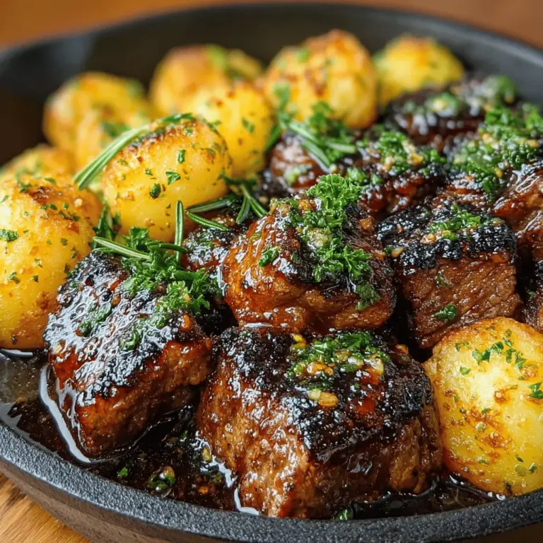 Sizzling Garlic Butter Steak Bites with Herb-Infused Potatoes is a delightful dish that elevates the humble steak and potato combination into a culinary masterpiece. This recipe harmoniously blends the rich, savory flavors of tender steak with the aromatic allure of garlic butter, all served alongside perfectly roasted, herb-infused baby potatoes. Whether you’re planning a cozy weeknight dinner or preparing for a special occasion, this dish offers a gourmet experience that won’t overwhelm your kitchen.