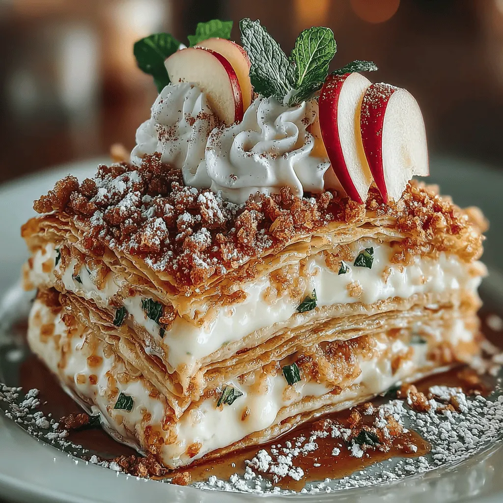 The Apple Cinnamon Crepe Cake is a stunning dessert that combines the warm, comforting flavors of apples and cinnamon in a visually captivating layered format. Unlike traditional cakes, this crepe cake offers a unique twist, featuring delicate crepes stacked high with luscious apple filling and creamy layers. Each slice reveals a beautiful cross-section, showcasing the harmonious blend of textures and flavors that make it a showstopper for any occasion.