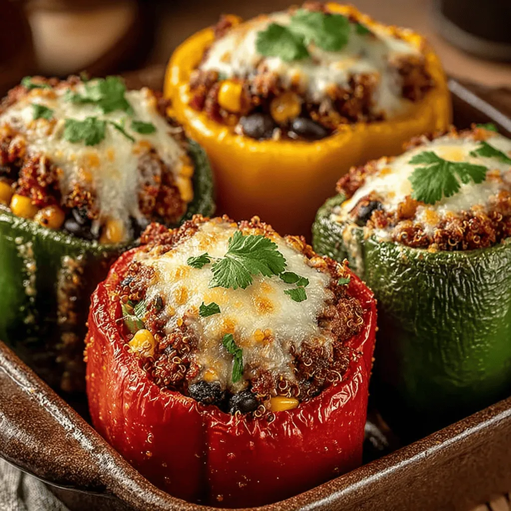 - 4 large bell peppers (any color) - 1 pound ground turkey - 1 cup cooked quinoa (or rice) - 1 medium onion, diced - 2 cloves garlic, minced - 1 can (14.5 oz) diced tomatoes, drained - 1 cup corn (fresh or frozen) - 1 can (15 oz) black beans, rinsed and drained - 1 teaspoon ground cumin - 1 teaspoon paprika - Salt and pepper to taste - Olive oil for cooking - Fresh cilantro or parsley for garnish (optional)