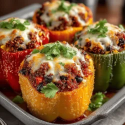 - 4 large bell peppers (any color) - 1 pound ground turkey - 1 cup cooked quinoa (or rice) - 1 medium onion, diced - 2 cloves garlic, minced - 1 can (14.5 oz) diced tomatoes, drained - 1 cup corn (fresh or frozen) - 1 can (15 oz) black beans, rinsed and drained - 1 teaspoon ground cumin - 1 teaspoon paprika - Salt and pepper to taste - Olive oil for cooking - Fresh cilantro or parsley for garnish (optional)