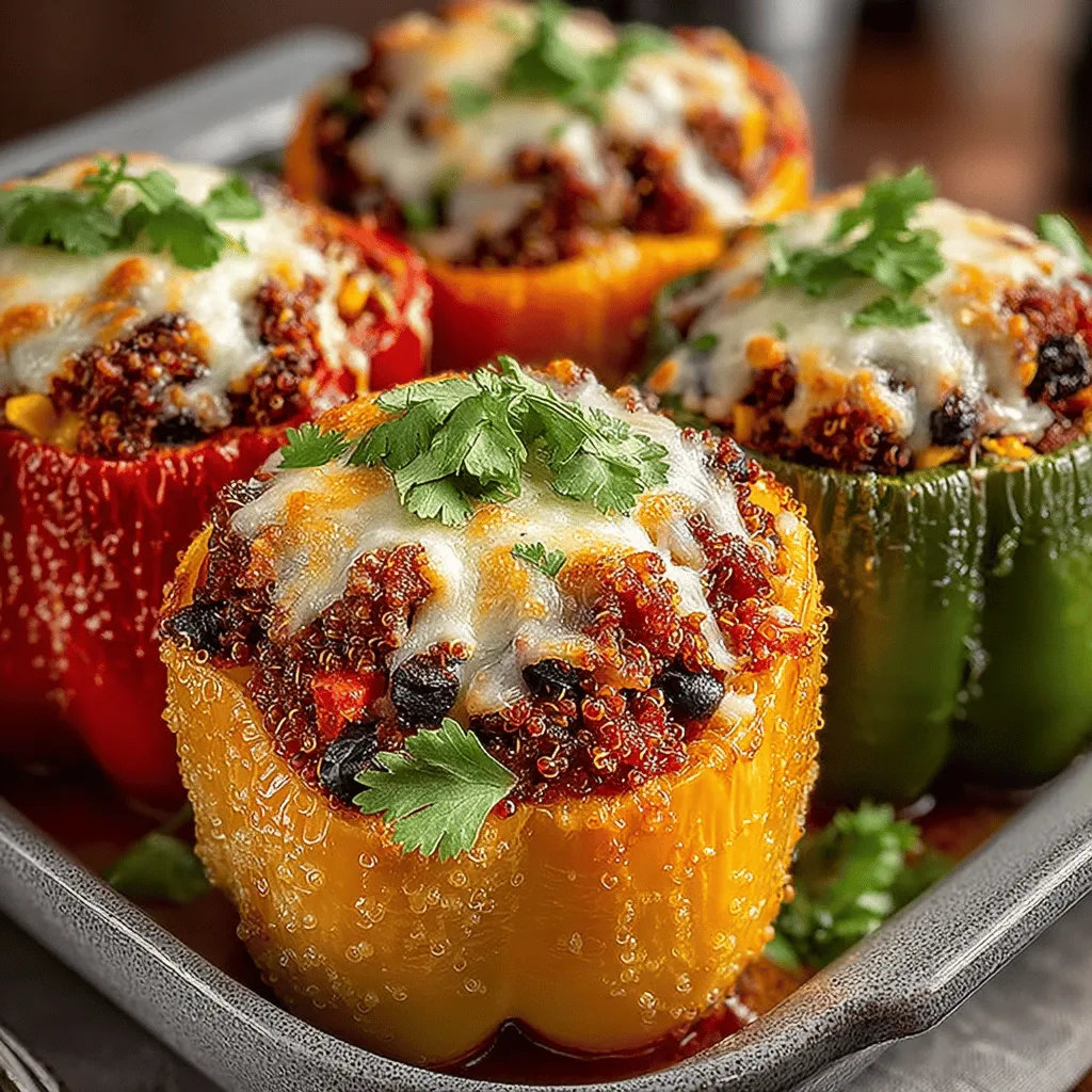 - 4 large bell peppers (any color) - 1 pound ground turkey - 1 cup cooked quinoa (or rice) - 1 medium onion, diced - 2 cloves garlic, minced - 1 can (14.5 oz) diced tomatoes, drained - 1 cup corn (fresh or frozen) - 1 can (15 oz) black beans, rinsed and drained - 1 teaspoon ground cumin - 1 teaspoon paprika - Salt and pepper to taste - Olive oil for cooking - Fresh cilantro or parsley for garnish (optional)
