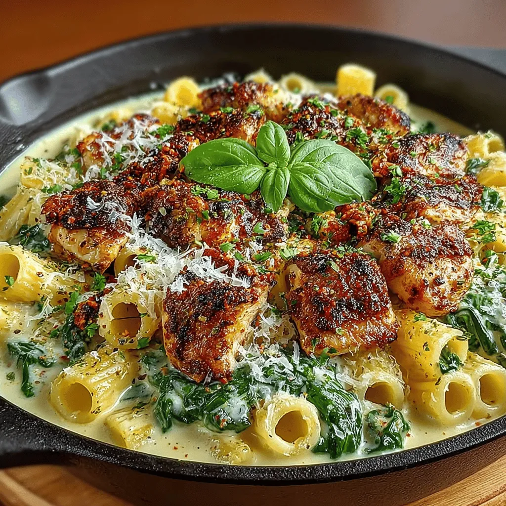 - 8 ounces penne pasta - 1 pound boneless, skinless chicken breasts - 2 tablespoons olive oil - 3 cloves garlic, minced - 2 cups chicken broth - 1 cup heavy cream - 4 cups fresh spinach - 1 cup grated Parmesan cheese - 1 teaspoon Italian seasoning - Salt and pepper to taste