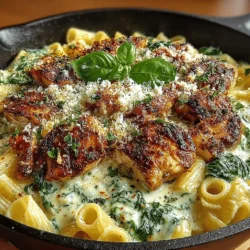 - 8 ounces penne pasta - 1 pound boneless, skinless chicken breasts - 2 tablespoons olive oil - 3 cloves garlic, minced - 2 cups chicken broth - 1 cup heavy cream - 4 cups fresh spinach - 1 cup grated Parmesan cheese - 1 teaspoon Italian seasoning - Salt and pepper to taste