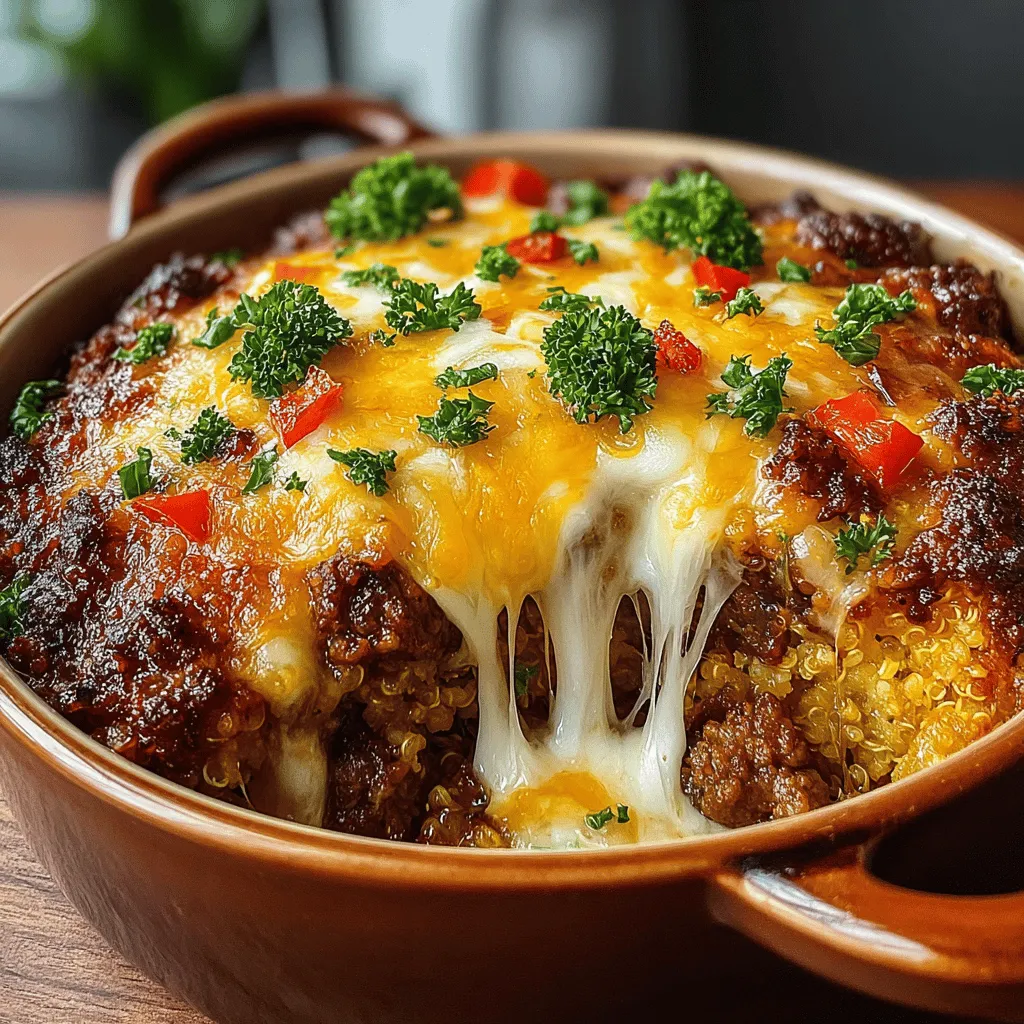- 1 pound ground beef - 1 cup quinoa, rinsed - 2 cups beef broth (or water) - 1 cup shredded cheddar cheese - 1 cup shredded mozzarella cheese - 1 medium onion, diced - 2 cloves garlic, minced - 1 cup mixed vegetables (such as bell peppers, carrots, and peas) - 2 tablespoons olive oil - 1 teaspoon dried oregano - 1 teaspoon salt - 1/2 teaspoon black pepper