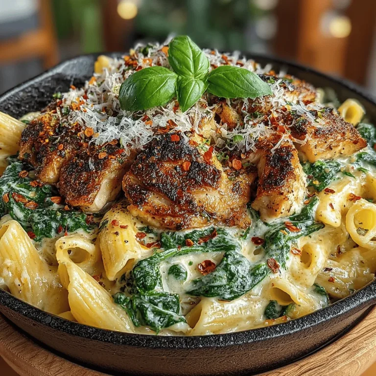 - 8 ounces penne or fusilli pasta - 1 pound boneless, skinless chicken breast, cut into bite-sized pieces - 2 tablespoons olive oil - 3 cloves garlic, minced - 4 cups fresh spinach, packed - 1 cup heavy cream - 1 cup grated Parmesan cheese - 1 teaspoon Italian seasoning - 1/2 teaspoon red pepper flakes (optional) - Salt and pepper to taste