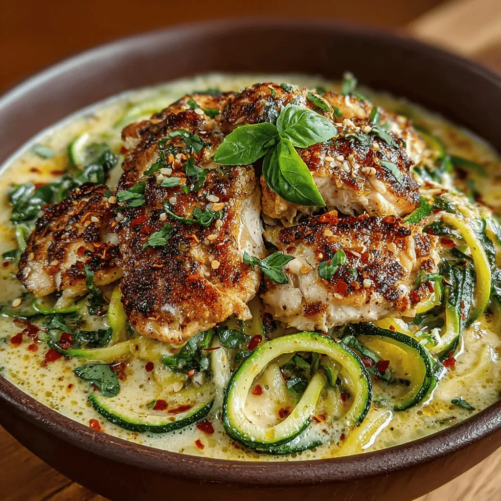 - 4 medium zucchini, spiralized into noodles - 1 pound boneless, skinless chicken breast, cut into bite-sized pieces - 2 tablespoons extra virgin olive oil - 3 cloves garlic, minced - 1 cup heavy cream - 1 cup grated Parmesan cheese - 1 teaspoon Italian seasoning - Salt, to taste - Pepper, to taste
