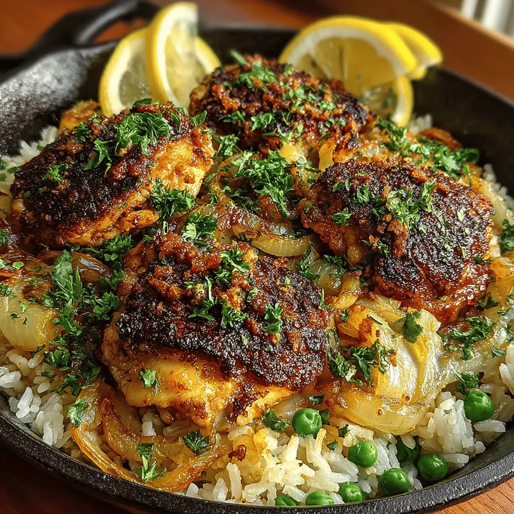 - 4 boneless, skinless chicken thighs - 1 cup long-grain white rice - 2 cups chicken broth - 1 medium onion, diced - 3 cloves garlic, minced - 1 teaspoon dried oregano - 1 teaspoon dried thyme - 1 teaspoon garlic powder - Zest and juice of 1 lemon - 1 cup frozen peas - 2 tablespoons olive oil - Salt and pepper, to taste - Fresh parsley, chopped for garnish (optional)