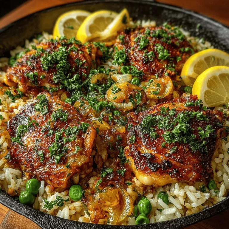 - 4 boneless, skinless chicken thighs - 1 cup long-grain white rice - 2 cups chicken broth - 1 medium onion, diced - 3 cloves garlic, minced - 1 teaspoon dried oregano - 1 teaspoon dried thyme - 1 teaspoon garlic powder - Zest and juice of 1 lemon - 1 cup frozen peas - 2 tablespoons olive oil - Salt and pepper, to taste - Fresh parsley, chopped for garnish (optional)