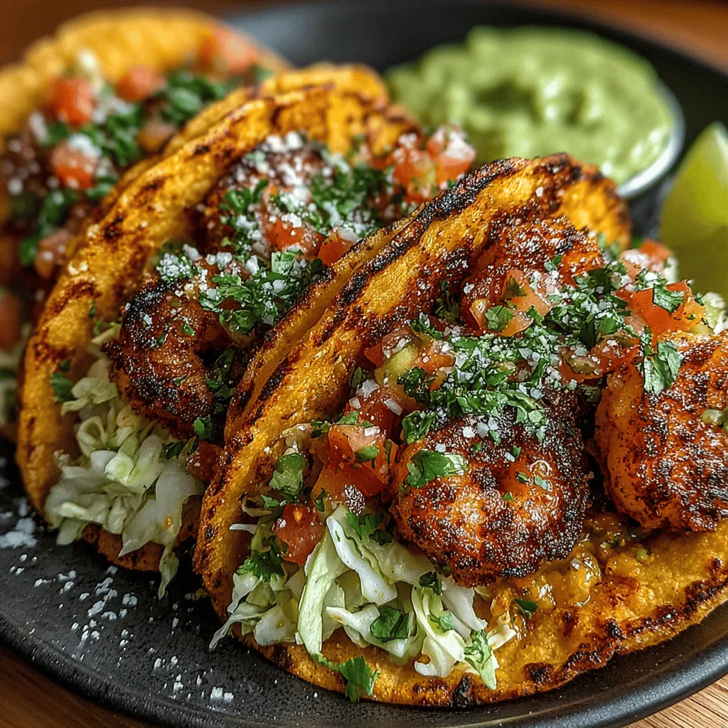 - 1 pound large shrimp, peeled and deveined - 1 tablespoon olive oil - 1 teaspoon smoked paprika - 1 teaspoon ground cumin - 1 teaspoon garlic powder - Juice of 1 lime - Salt and pepper, to taste - 8 small corn or flour tortillas - 1 cup shredded cabbage (green or purple) - 1/2 cup fresh cilantro, chopped - 1 avocado, pitted and peeled - 1/2 cup Greek yogurt - Additional lime wedges for serving