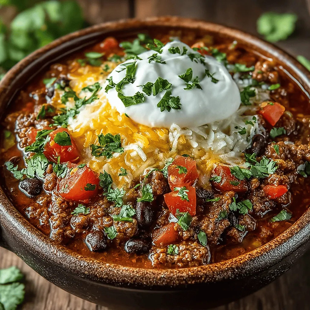 - 1 pound ground beef (preferably 80/20 blend for optimal flavor) - 1 can (15 oz) kidney beans, drained and rinsed - 1 can (15 oz) black beans, drained and rinsed - 1 can (28 oz) crushed tomatoes - 1 medium onion, diced - 2 cloves garlic, minced - 1 tablespoon chili powder - 1 teaspoon ground cumin - 1 teaspoon paprika - 1/2 teaspoon cayenne pepper (adjust based on spice preference) - Salt and pepper to taste - 2 tablespoons olive oil - Optional garnishes: chopped cilantro, sour cream, shredded cheese, sliced jalapeños