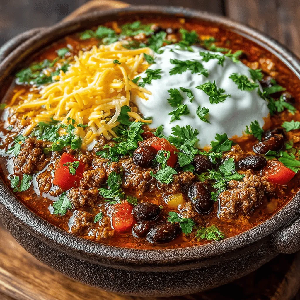 - 1 pound ground beef (preferably 80/20 blend for optimal flavor) - 1 can (15 oz) kidney beans, drained and rinsed - 1 can (15 oz) black beans, drained and rinsed - 1 can (28 oz) crushed tomatoes - 1 medium onion, diced - 2 cloves garlic, minced - 1 tablespoon chili powder - 1 teaspoon ground cumin - 1 teaspoon paprika - 1/2 teaspoon cayenne pepper (adjust based on spice preference) - Salt and pepper to taste - 2 tablespoons olive oil - Optional garnishes: chopped cilantro, sour cream, shredded cheese, sliced jalapeños