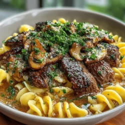 - 1 pound beef sirloin, thinly sliced - 2 tablespoons olive oil - 1 medium onion, finely chopped - 2 cloves garlic, minced - 8 ounces mushrooms, sliced (button or cremini) - 1 tablespoon Dijon mustard - 1 tablespoon Worcestershire sauce - 1 cup beef broth - 1 cup sour cream - Salt and pepper to taste - 12 ounces egg noodles - Fresh parsley, chopped (for garnish)