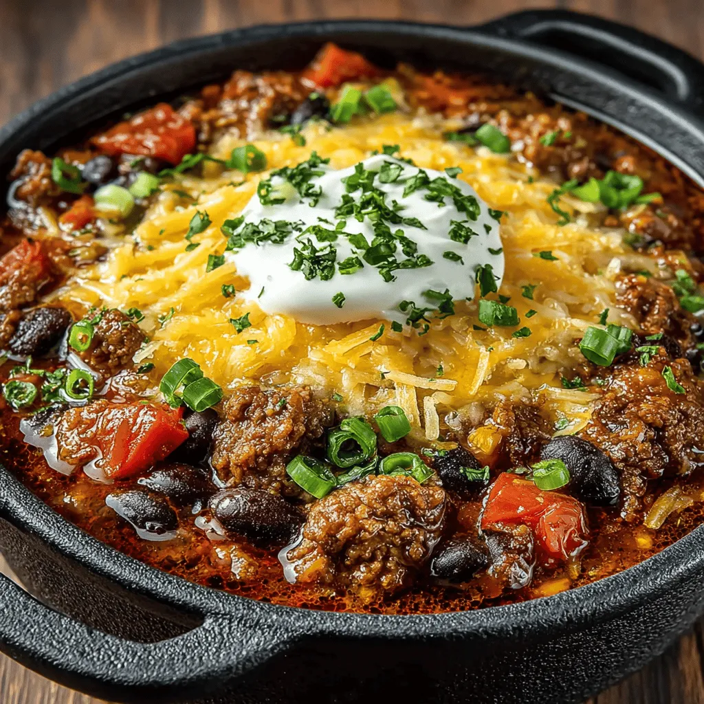 - 1 pound ground beef (80/20 recommended for flavor) - 1 can (15 ounces) kidney beans, drained and rinsed - 1 can (15 ounces) black beans, drained and rinsed - 1 can (15 ounces) diced tomatoes, with juices - 1 medium onion, diced - 1 bell pepper, diced (any color) - 3 cloves garlic, minced - 2 tablespoons chili powder - 1 teaspoon ground cumin - 1 teaspoon smoked paprika - 1 teaspoon salt (adjust to taste) - 1/2 teaspoon black pepper - 2 tablespoons olive oil - Optional toppings: shredded cheese, sour cream, chopped green onions, or cilantro