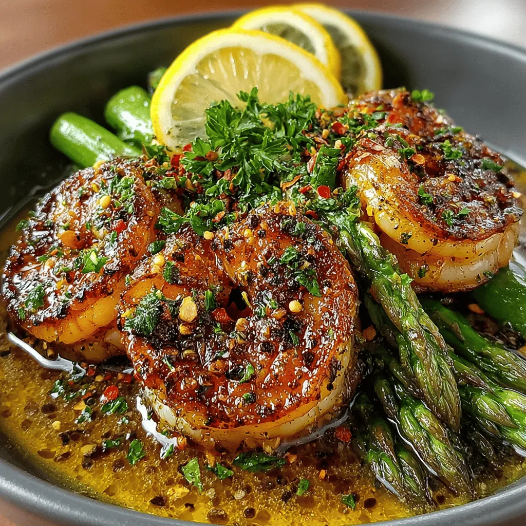 - 1 pound large shrimp, peeled and deveined - 1 bunch asparagus, trimmed and cut into 2-inch pieces - 3 tablespoons olive oil - 4 cloves garlic, minced - Juice and zest of 1 large lemon - 1 teaspoon paprika - 1/2 teaspoon red pepper flakes (optional) - Salt and pepper to taste - Fresh parsley, chopped (for garnish)