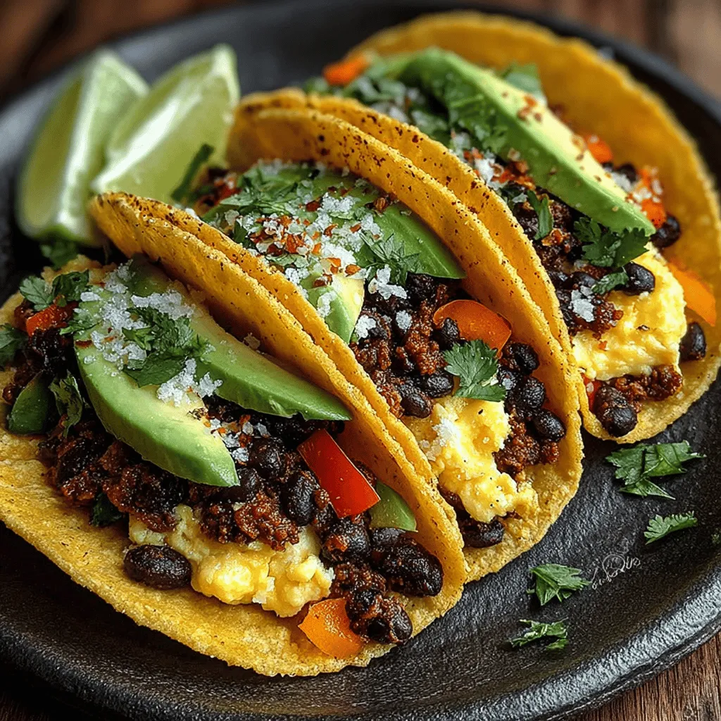 - 1 can of black beans, drained and rinsed - 4 large eggs - 1 small onion, diced - 1 bell pepper (any color), diced - 1 jalapeño pepper, seeded and diced (optional for heat) - 2 tablespoons of olive oil - 1 teaspoon of ground cumin - 1 teaspoon of smoked paprika - 8 small corn tortillas - 1 avocado, sliced - Fresh cilantro, chopped (for garnish) - Lime wedges (for serving)
