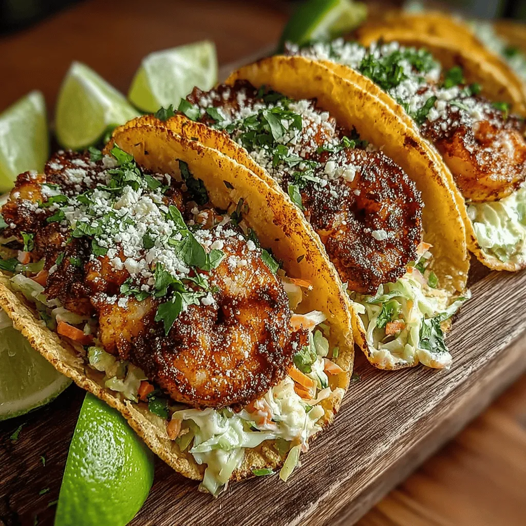 - 1 pound of fresh shrimp, peeled and deveined - 2 tablespoons olive oil - 2 teaspoons chili powder - 1 teaspoon cumin - 1 teaspoon garlic powder - 1 teaspoon paprika - Salt and pepper to taste - 8 small corn or flour tortillas - 1 cup shredded cabbage - 1/2 cup fresh cilantro, chopped - Juice of 2 limes - 1 tablespoon honey - 1/4 teaspoon cayenne pepper (optional) - Slices of avocado and lime wedges for serving