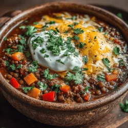 - 1 cup dried green or brown lentils - 1 can (15 oz) kidney beans, drained and rinsed - 1 can (15 oz) diced tomatoes - 1 medium onion, diced - 2 cloves garlic, minced - 1 bell pepper, diced - 2 carrots, diced - 2 celery stalks, diced - 4 cups vegetable broth - 2 tablespoons olive oil - 2 tablespoons chili powder - 1 teaspoon cumin - 1 teaspoon smoked paprika - Salt and pepper to taste - 1 cup shredded cheddar cheese (for topping) - Fresh cilantro (optional, for garnish)