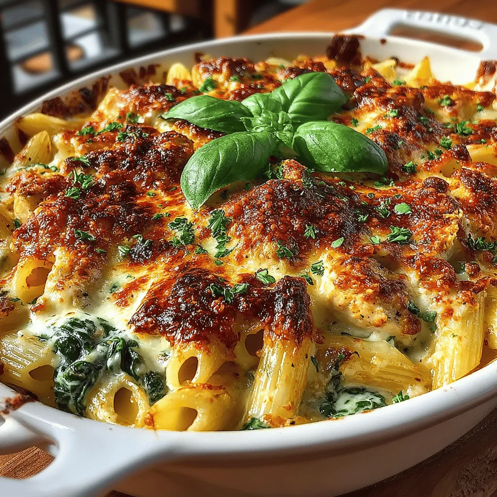 - 2 cups of penne pasta - 1 pound of boneless, skinless chicken breast, diced - 2 cups of fresh spinach (or 1 cup frozen spinach, thawed and drained) - 1 cup of heavy cream - 1 cup of shredded mozzarella cheese - 1/2 cup of grated Parmesan cheese - 1 tablespoon of olive oil - 3 cloves of garlic, minced - 1 teaspoon of Italian seasoning - Salt and pepper to taste