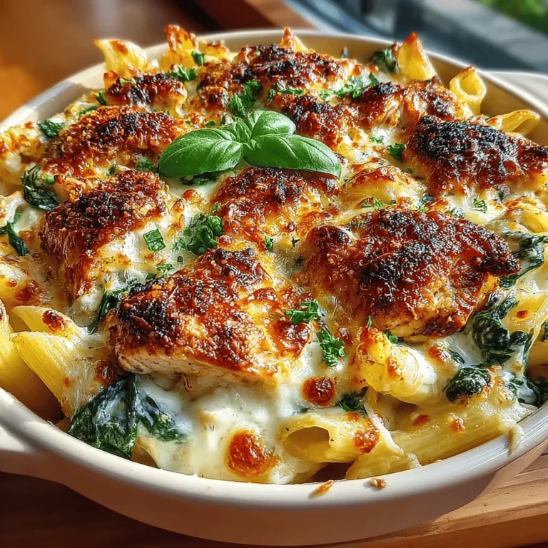 - 2 cups of penne pasta - 1 pound of boneless, skinless chicken breast, diced - 2 cups of fresh spinach (or 1 cup frozen spinach, thawed and drained) - 1 cup of heavy cream - 1 cup of shredded mozzarella cheese - 1/2 cup of grated Parmesan cheese - 1 tablespoon of olive oil - 3 cloves of garlic, minced - 1 teaspoon of Italian seasoning - Salt and pepper to taste