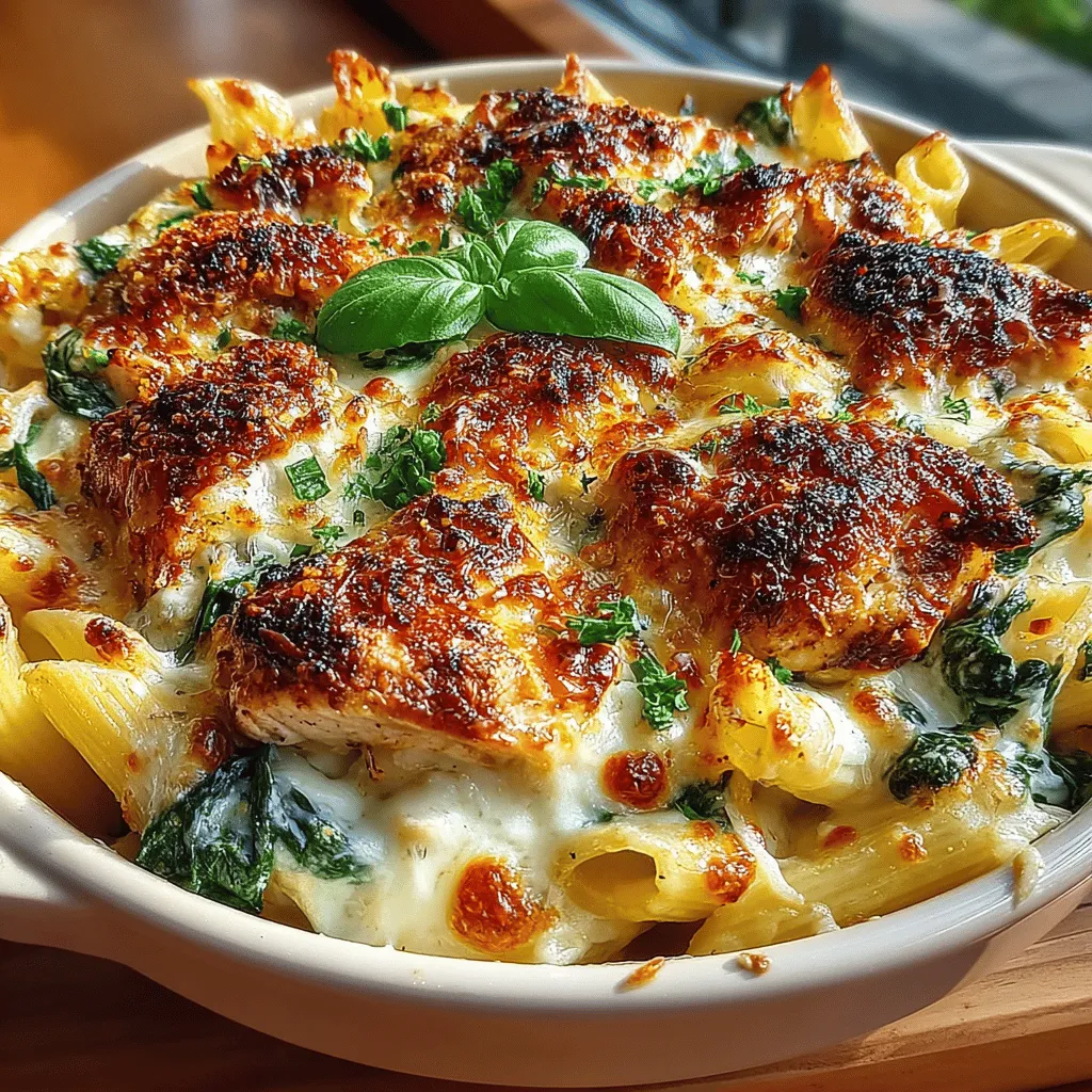 - 2 cups of penne pasta - 1 pound of boneless, skinless chicken breast, diced - 2 cups of fresh spinach (or 1 cup frozen spinach, thawed and drained) - 1 cup of heavy cream - 1 cup of shredded mozzarella cheese - 1/2 cup of grated Parmesan cheese - 1 tablespoon of olive oil - 3 cloves of garlic, minced - 1 teaspoon of Italian seasoning - Salt and pepper to taste