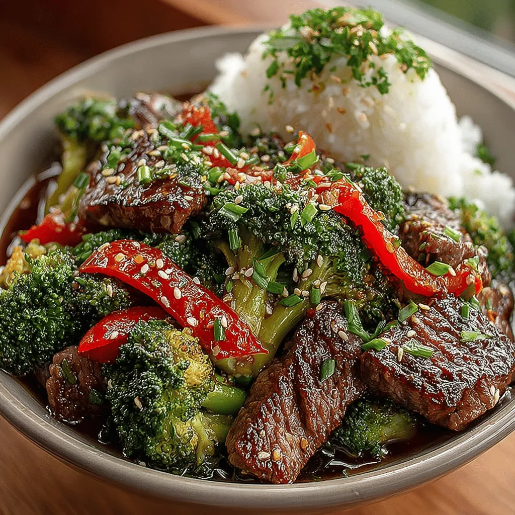 - 1 pound flank steak, thinly sliced against the grain - 2 cups broccoli florets, fresh - 1 red bell pepper, sliced - 3 cloves garlic, minced - 1 tablespoon ginger, minced - 2 tablespoons soy sauce - 1 tablespoon oyster sauce - 1 tablespoon cornstarch - 2 tablespoons vegetable oil - Salt and pepper to taste - Optional: sesame seeds for garnish