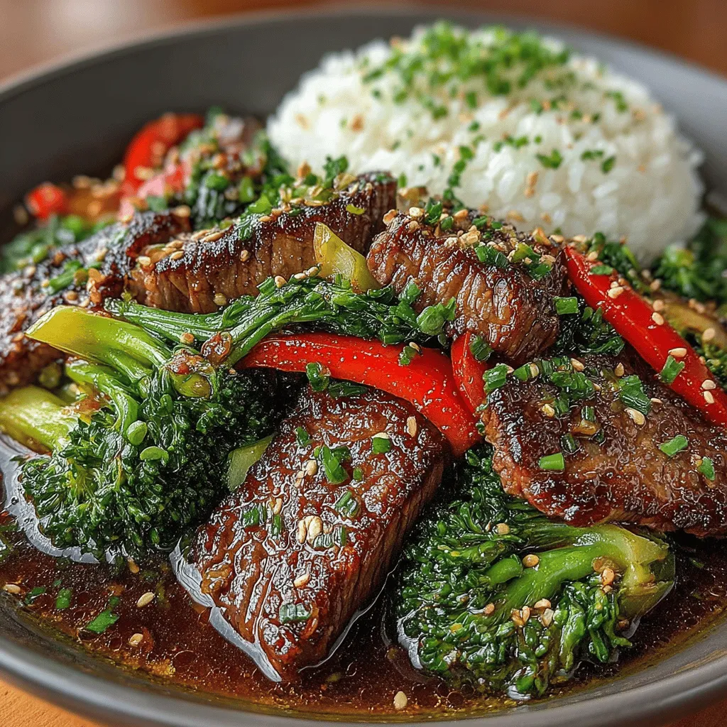 - 1 pound flank steak, thinly sliced against the grain - 2 cups broccoli florets, fresh - 1 red bell pepper, sliced - 3 cloves garlic, minced - 1 tablespoon ginger, minced - 2 tablespoons soy sauce - 1 tablespoon oyster sauce - 1 tablespoon cornstarch - 2 tablespoons vegetable oil - Salt and pepper to taste - Optional: sesame seeds for garnish