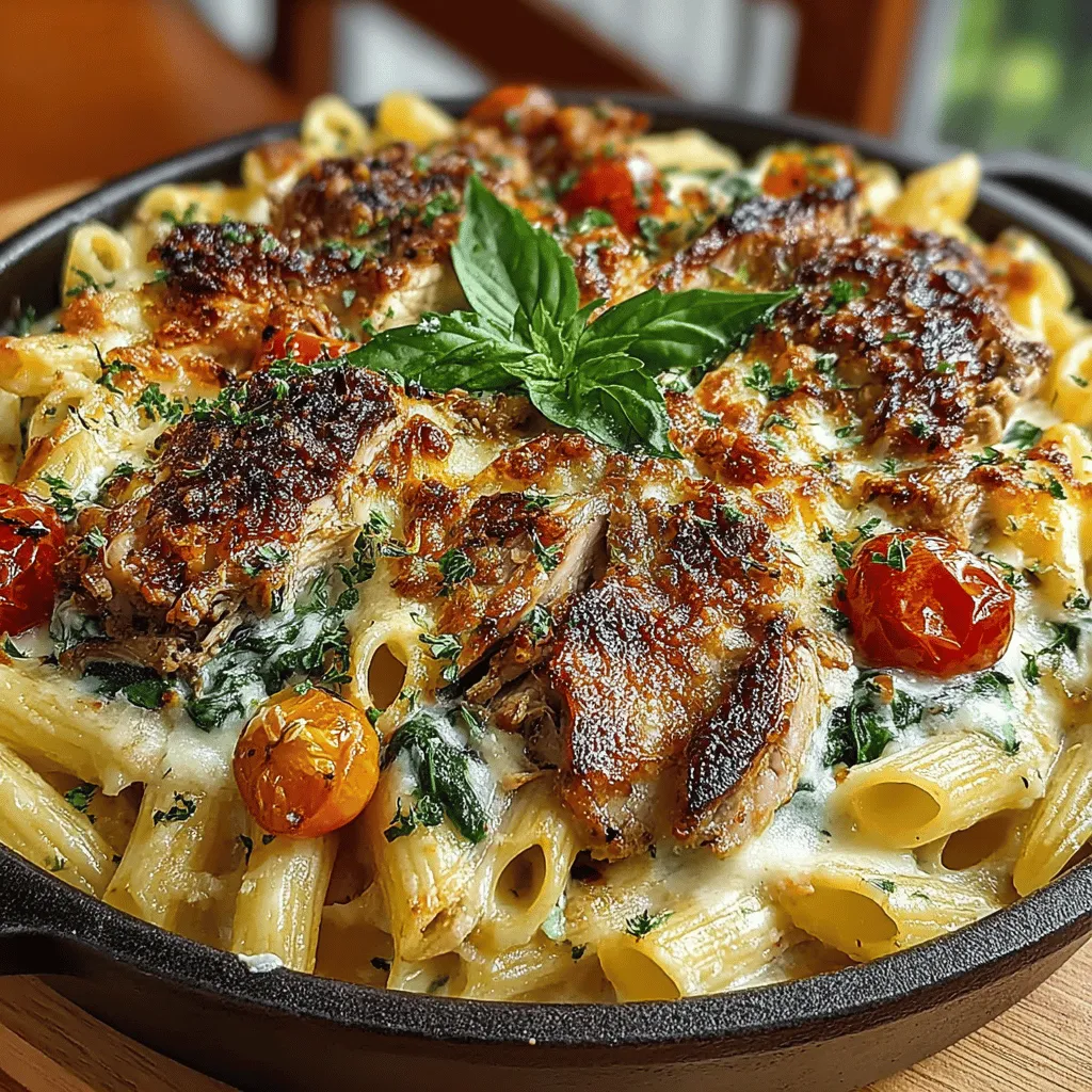 - 12 ounces penne pasta - 2 cups cooked chicken breast, shredded or diced - 4 cups fresh spinach, chopped - 1 tablespoon olive oil - 1 medium onion, diced - 3 cloves garlic, minced - 2 cups heavy cream - 1 cup chicken broth - 1 cup grated Parmesan cheese - 1 cup shredded mozzarella cheese - 1 teaspoon Italian seasoning - Salt and pepper to taste