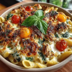 - 12 ounces penne pasta - 2 cups cooked chicken breast, shredded or diced - 4 cups fresh spinach, chopped - 1 tablespoon olive oil - 1 medium onion, diced - 3 cloves garlic, minced - 2 cups heavy cream - 1 cup chicken broth - 1 cup grated Parmesan cheese - 1 cup shredded mozzarella cheese - 1 teaspoon Italian seasoning - Salt and pepper to taste
