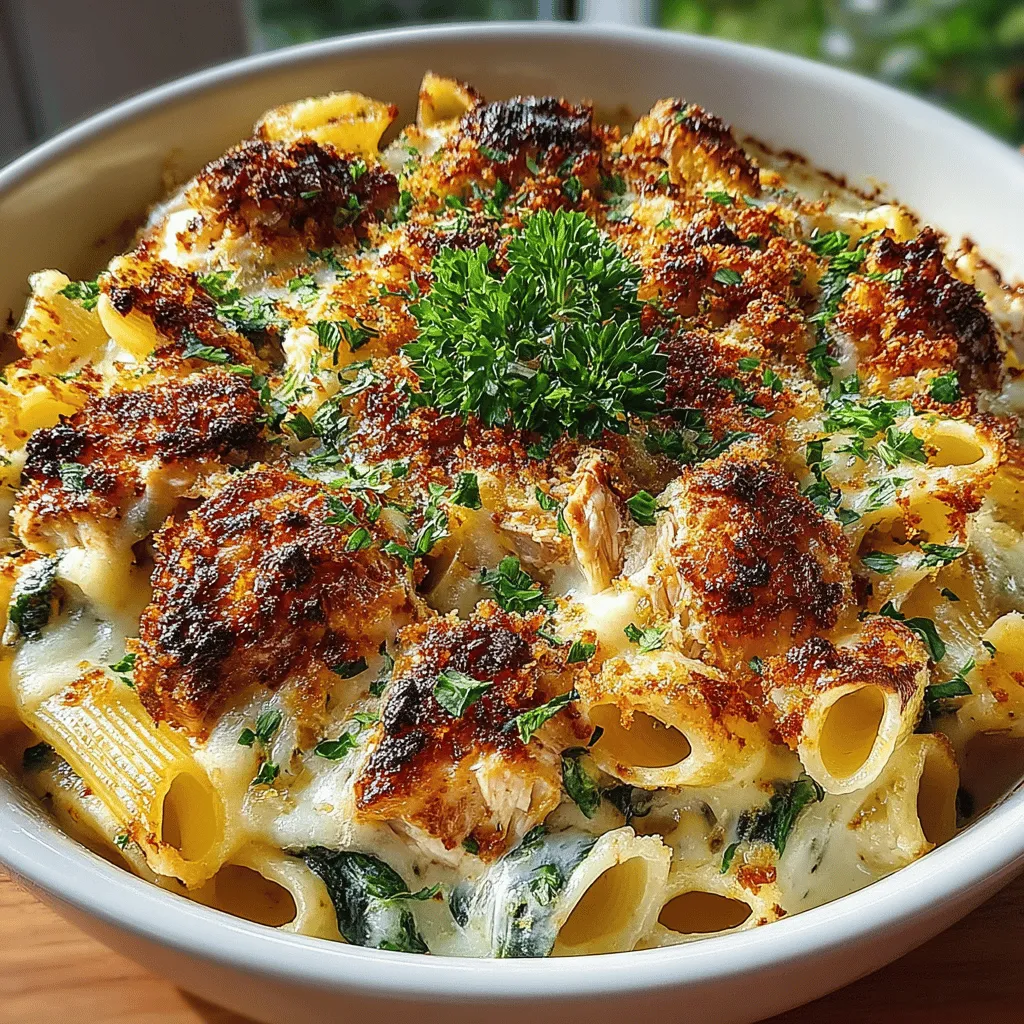 - 12 ounces penne pasta - 2 cups cooked chicken, shredded or diced - 3 cups fresh spinach, roughly chopped - 1 cup ricotta cheese - 1 cup cream cheese, softened - 1 cup shredded mozzarella cheese - ½ cup grated Parmesan cheese - 2 cloves garlic, minced - 1 tablespoon Italian seasoning - Salt and pepper to taste - 1 tablespoon olive oil (for sautéing) - Optional: additional mozzarella for topping