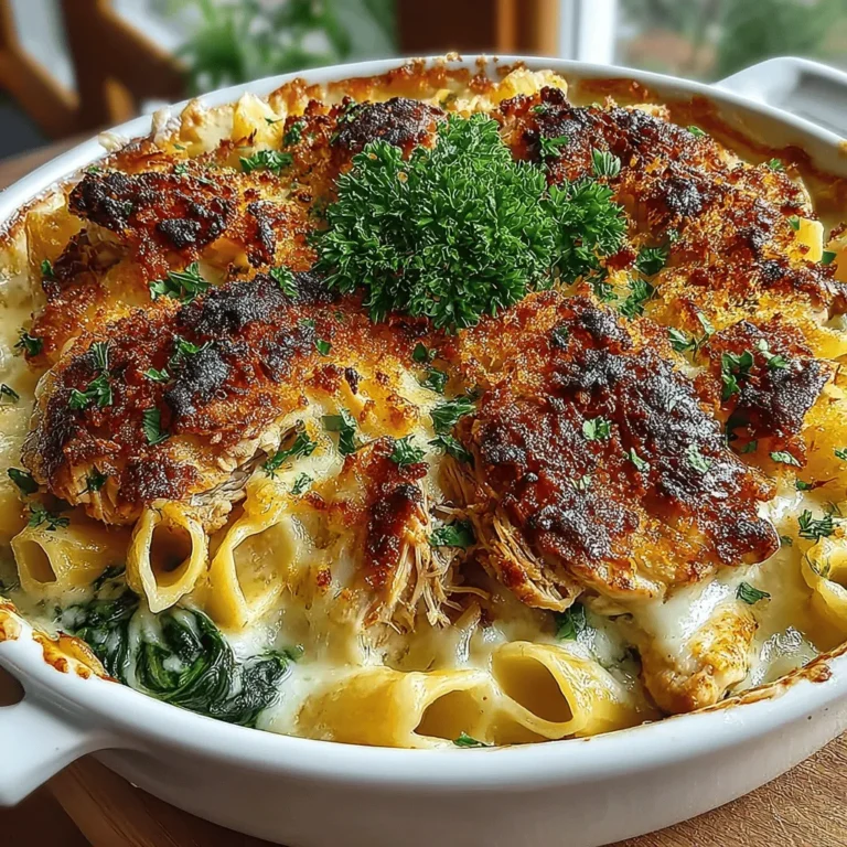 - 12 ounces penne pasta - 2 cups cooked chicken, shredded or diced - 3 cups fresh spinach, roughly chopped - 1 cup ricotta cheese - 1 cup cream cheese, softened - 1 cup shredded mozzarella cheese - ½ cup grated Parmesan cheese - 2 cloves garlic, minced - 1 tablespoon Italian seasoning - Salt and pepper to taste - 1 tablespoon olive oil (for sautéing) - Optional: additional mozzarella for topping