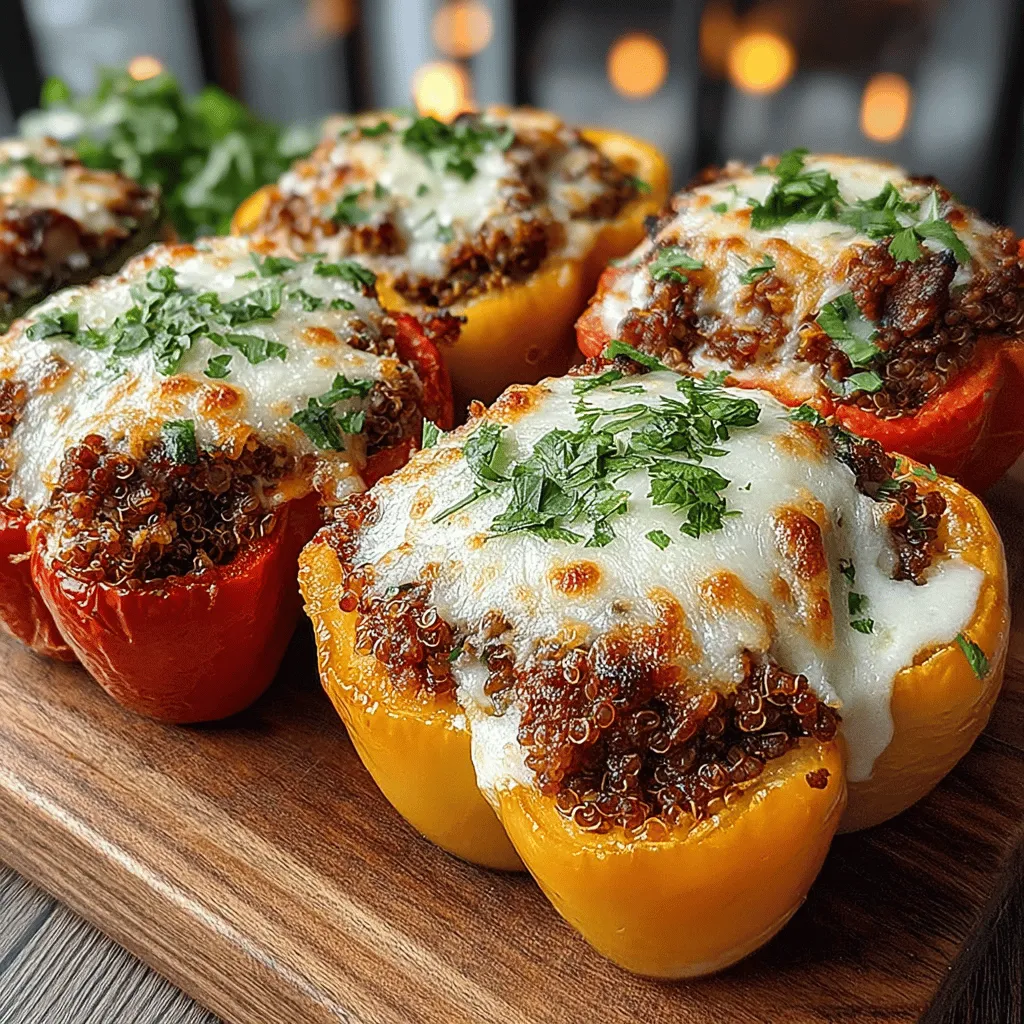 - 4 large bell peppers (any color) - 1 cup quinoa, rinsed - 1 pound ground beef (or ground turkey) - 1 medium onion, diced - 2 cloves garlic, minced - 1 cup shredded cheese (cheddar or your choice) - 1 can (15 oz) diced tomatoes, drained - 1 tablespoon olive oil - 1 teaspoon cumin - 1 teaspoon smoked paprika - 1 teaspoon chili powder - Salt and pepper to taste - Fresh parsley or cilantro for garnish (optional)