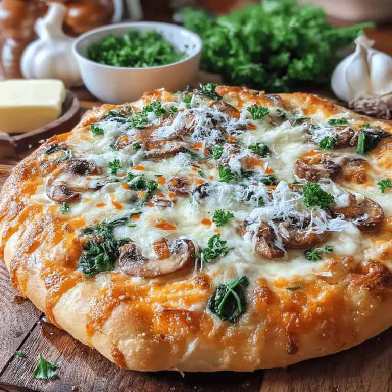 Discover the delightful combination of flavors in this Garlic Butter Mushroom and Spinach Pizza recipe. Perfect for a cozy night in or an impressive dish for guests, this pizza showcases the richness of garlic butter, the earthy taste of mushrooms, and the freshness of spinach, all topped with gooey mozzarella and savory Parmesan cheese. Whether you're a pizza aficionado or a casual cook, this recipe is designed to elevate your pizza-making skills while providing a satisfying meal.