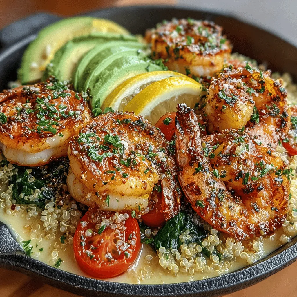 - 1 pound raw shrimp, peeled and deveined - 2 tablespoons olive oil - 4 cloves garlic, minced - Zest and juice of 1 lemon - 1/2 teaspoon red pepper flakes (adjust to taste) - 2 cups baby spinach - 1 cup cherry tomatoes, halved - 1 cup cooked quinoa or rice - Salt and pepper to taste - 1 avocado, sliced (optional)
