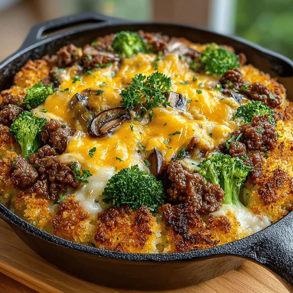 - 1 pound ground beef - 2 cups broccoli florets - 1 cup uncooked rice (white or brown) - 1 cup shredded cheddar cheese - 1 can (10.5 oz) cream of mushroom soup - 1 cup milk - 1 teaspoon garlic powder - 1 teaspoon onion powder - 1 teaspoon black pepper - 1 teaspoon salt - 2 tablespoons soy sauce - Optional: 1 cup breadcrumbs (for topping) - Optional: red pepper flakes (for heat)