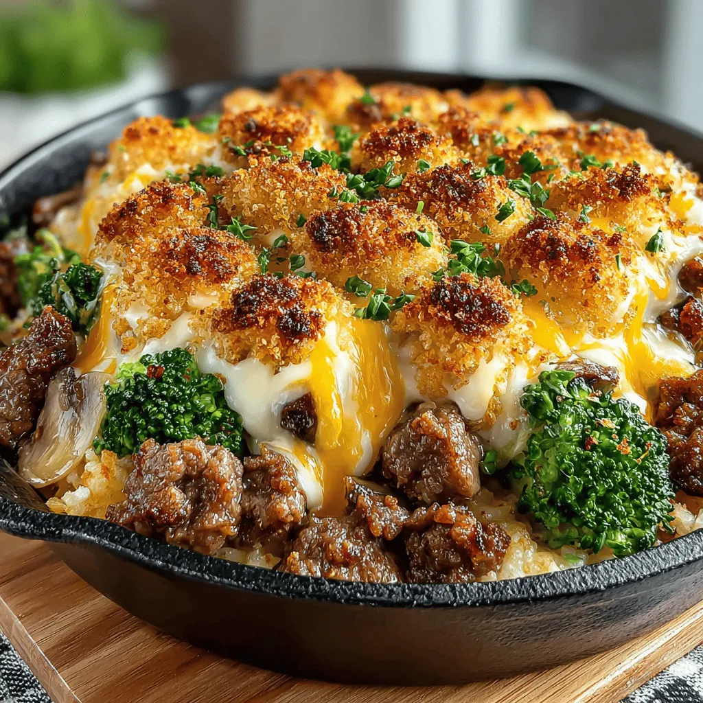 - 1 pound ground beef - 2 cups broccoli florets - 1 cup uncooked rice (white or brown) - 1 cup shredded cheddar cheese - 1 can (10.5 oz) cream of mushroom soup - 1 cup milk - 1 teaspoon garlic powder - 1 teaspoon onion powder - 1 teaspoon black pepper - 1 teaspoon salt - 2 tablespoons soy sauce - Optional: 1 cup breadcrumbs (for topping) - Optional: red pepper flakes (for heat)