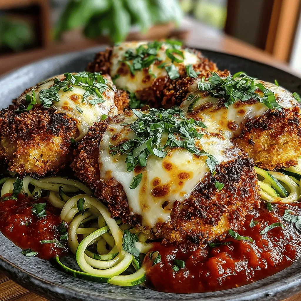 - 4 boneless, skinless chicken breasts - 1 cup panko breadcrumbs - ½ cup grated Parmesan cheese - 1 cup shredded mozzarella cheese - 1 cup crushed tomatoes - 2 cloves garlic, minced - 1 teaspoon dried oregano - 1 teaspoon dried basil - Salt and pepper to taste - 2 large zucchinis - 1 cup all-purpose flour - 2 large eggs - Olive oil spray